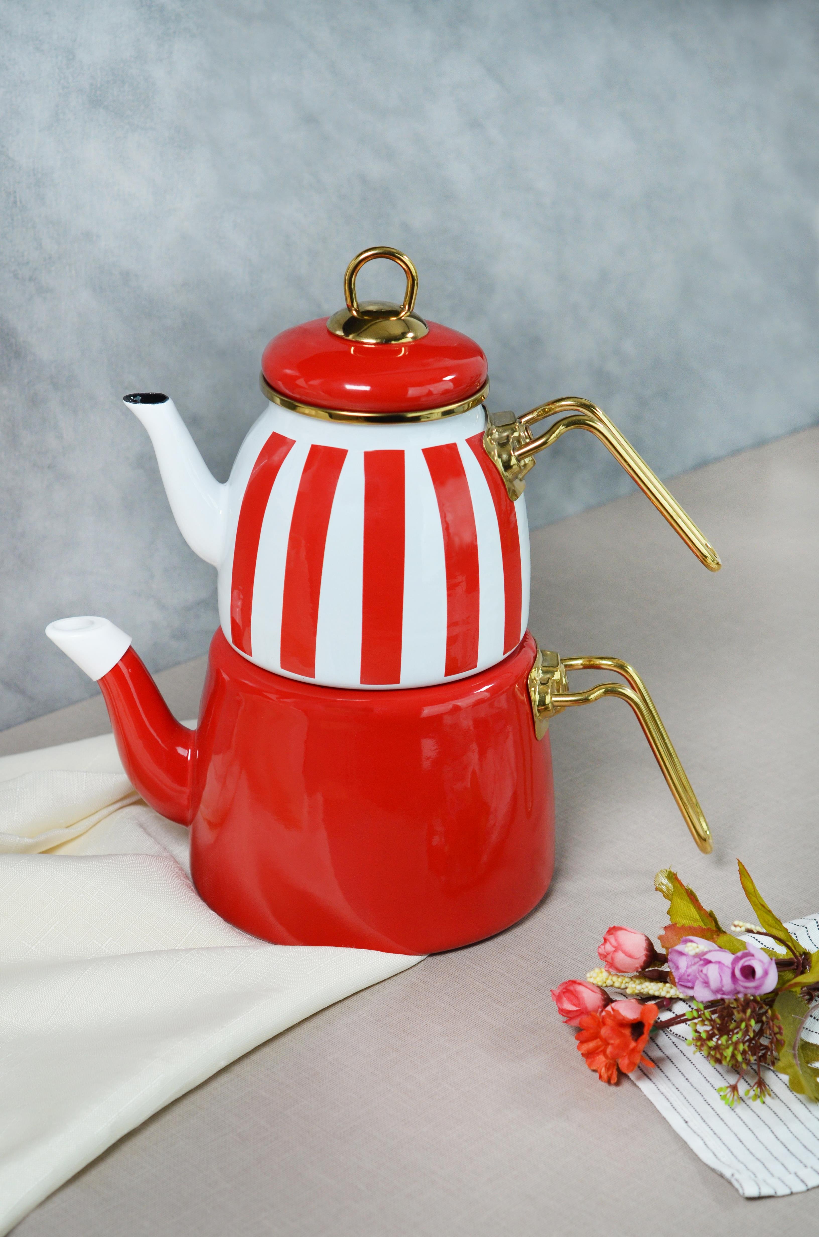 PAÇİ-EMAYE KIRMIZI ÇİZGİLİ ÇAYDANLIK