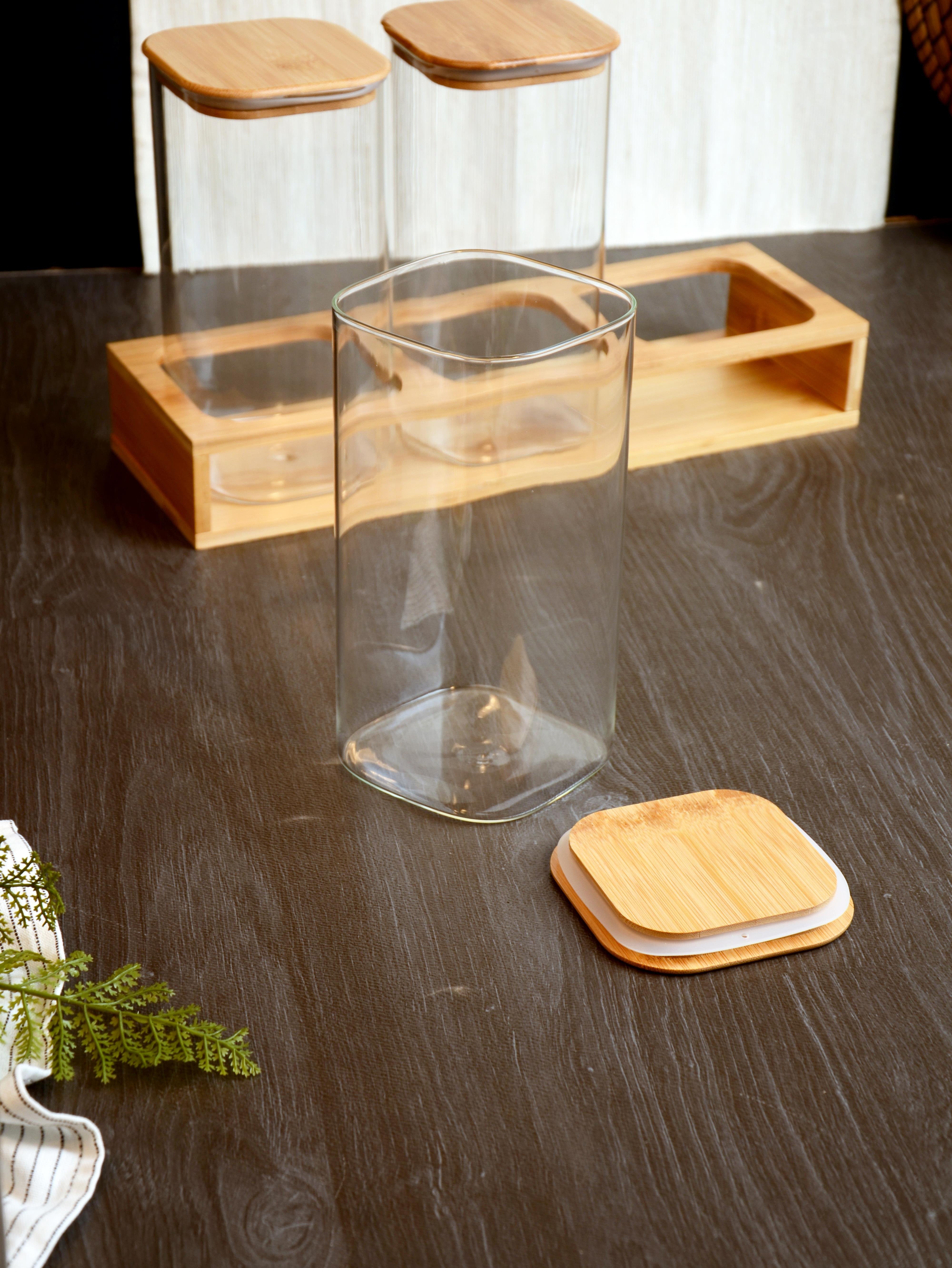 PAÇİ-KARE BAMBU KAPAKLI 3'LÜ KAVANOZ