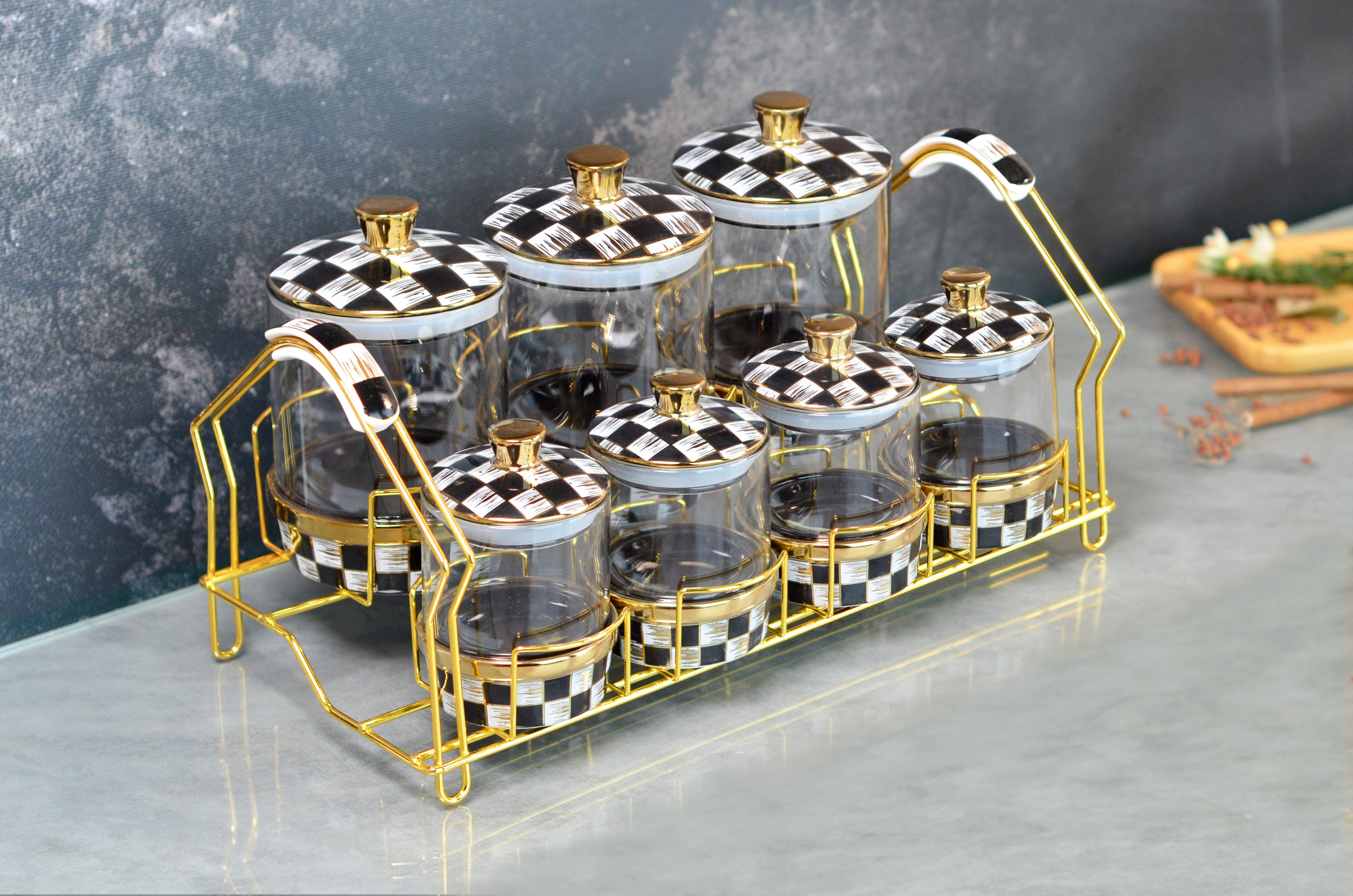 PAÇİ-LEO 7'Lİ PORSELEN & CAM PARLAK DAMA BAHARATLIK SETİ