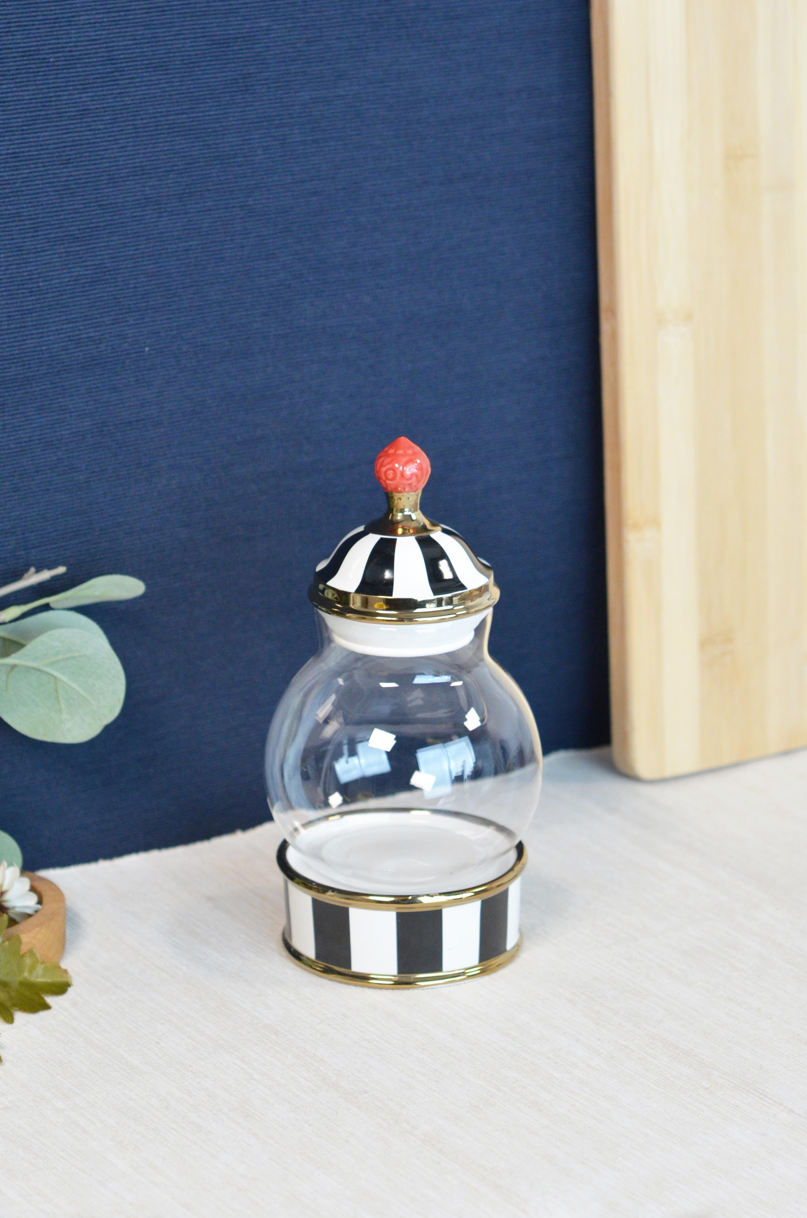 PAÇİ-LEO PORSELEN & CAM TEPELİ SİYAH BEYAZ KÜÇÜK KAVANOZ