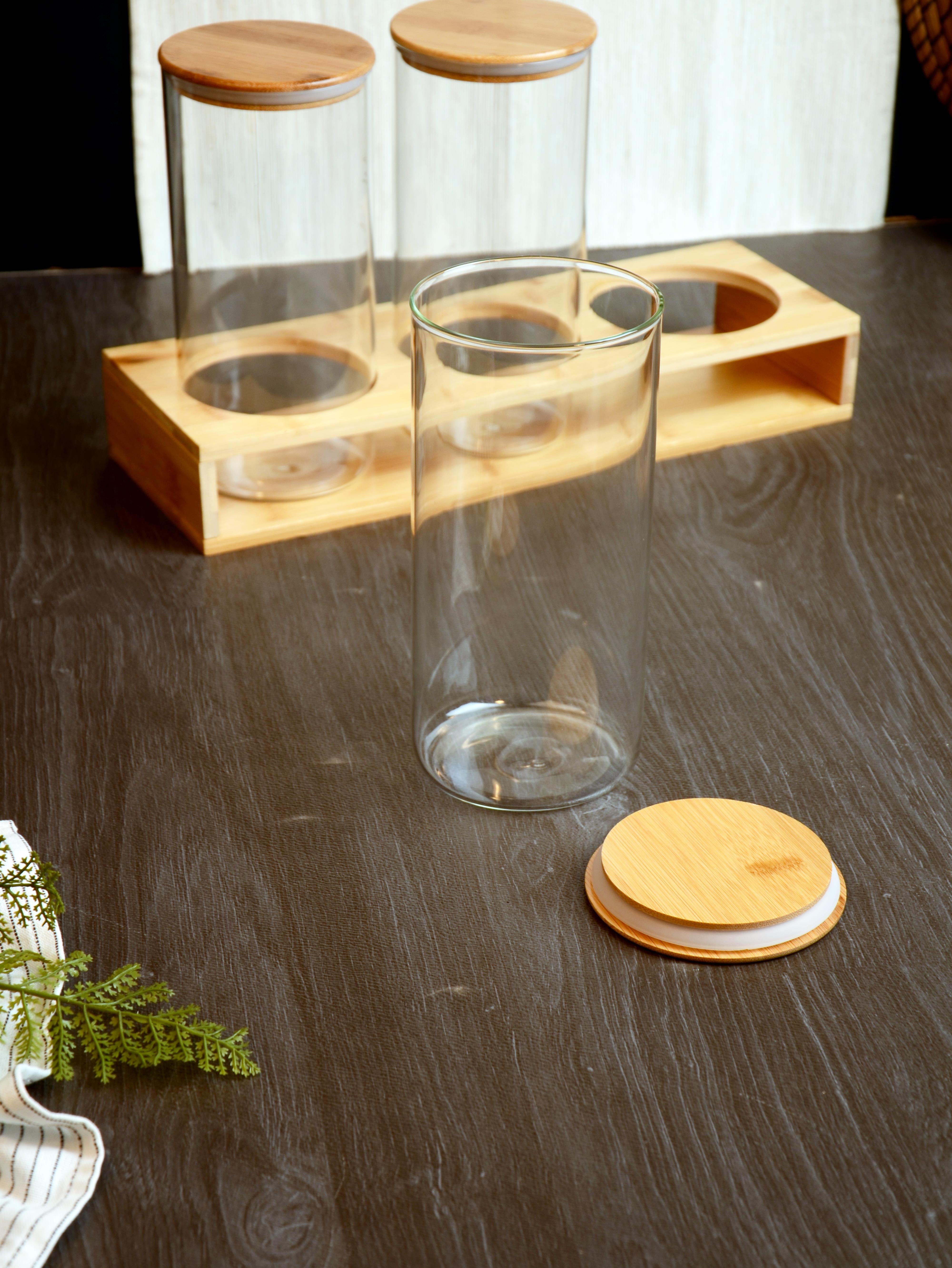 PAÇİ-YUVARLAK BAMBU KAPAKLI 3'LÜ KAVANOZ