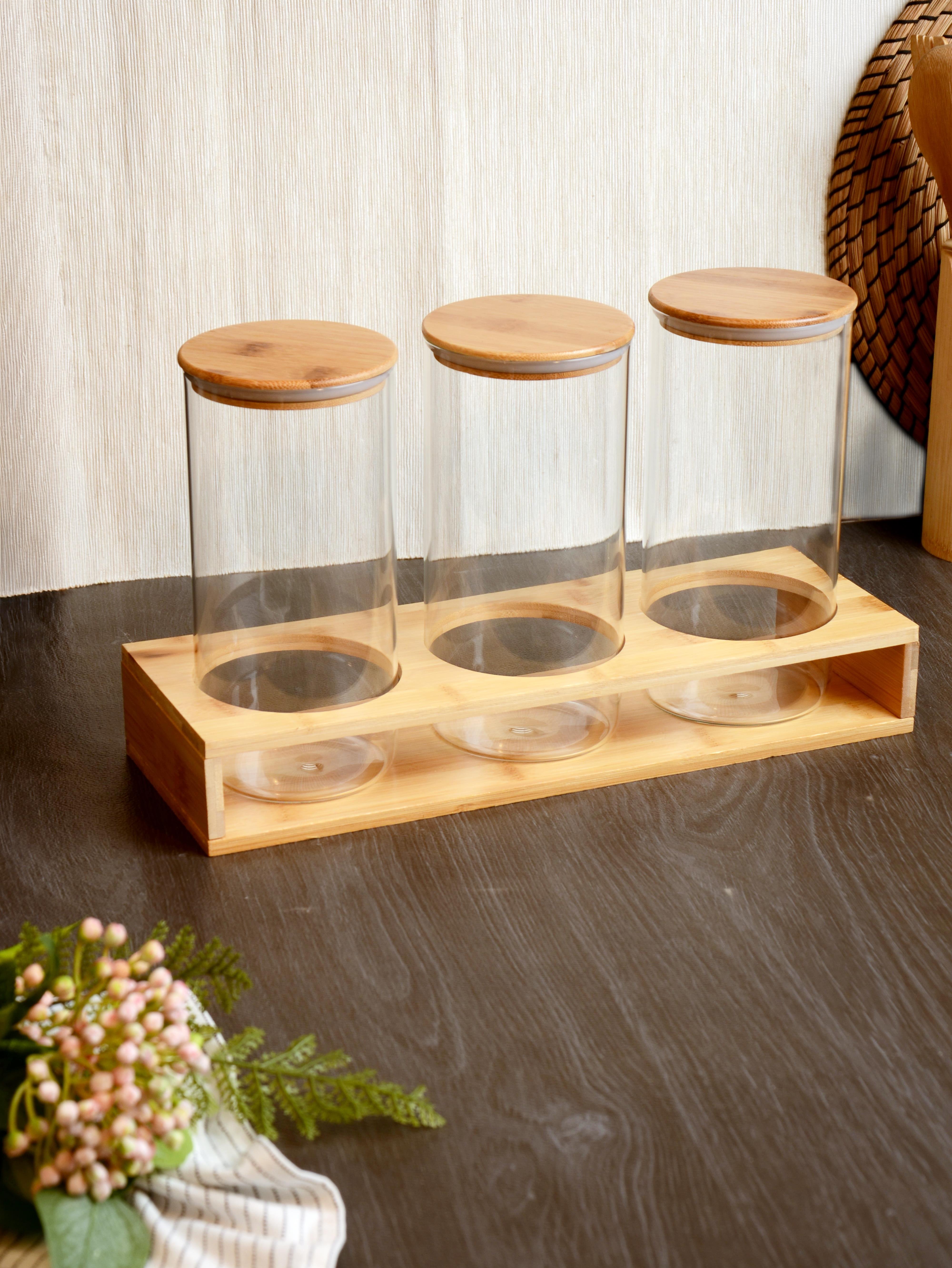 PAÇİ-YUVARLAK BAMBU KAPAKLI 3'LÜ KAVANOZ