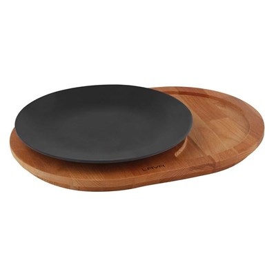 Lava Döküm   Yuvarlak Tabak ve ahşap servis altlık. Çap25cm.