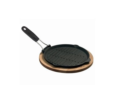 Lava Döküm  Izgara Tava, Tel ve Silikon Saplı, Ahşap altlıklı. Çap25cm.