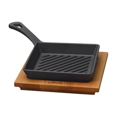 Lava Döküm  Mini Izgara Tava, Saplı, Kare, Ahşap altlıklı. Ölçü 16x16cm.