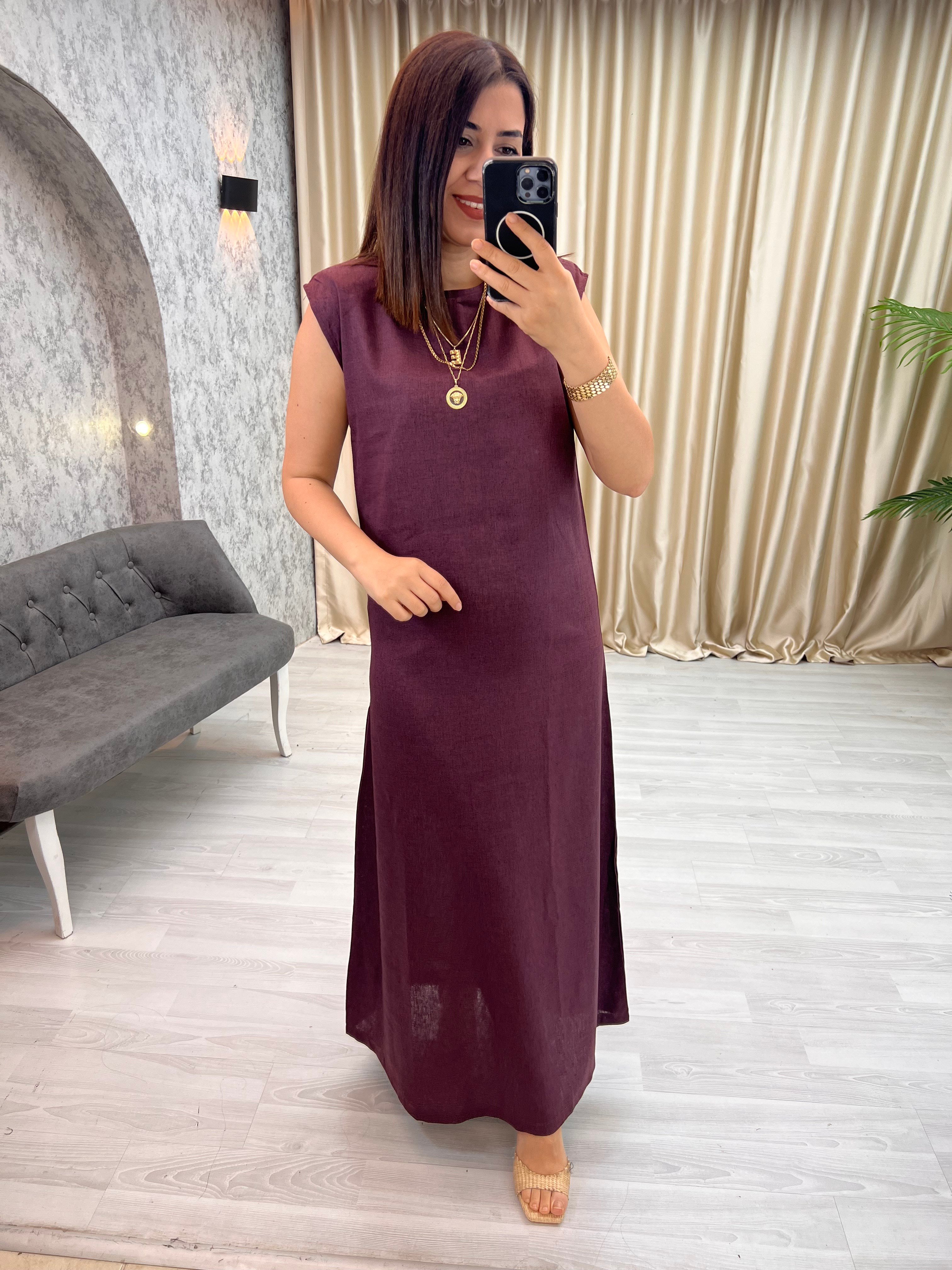 %100 Keten Gömlek Elbise Takım Bordo