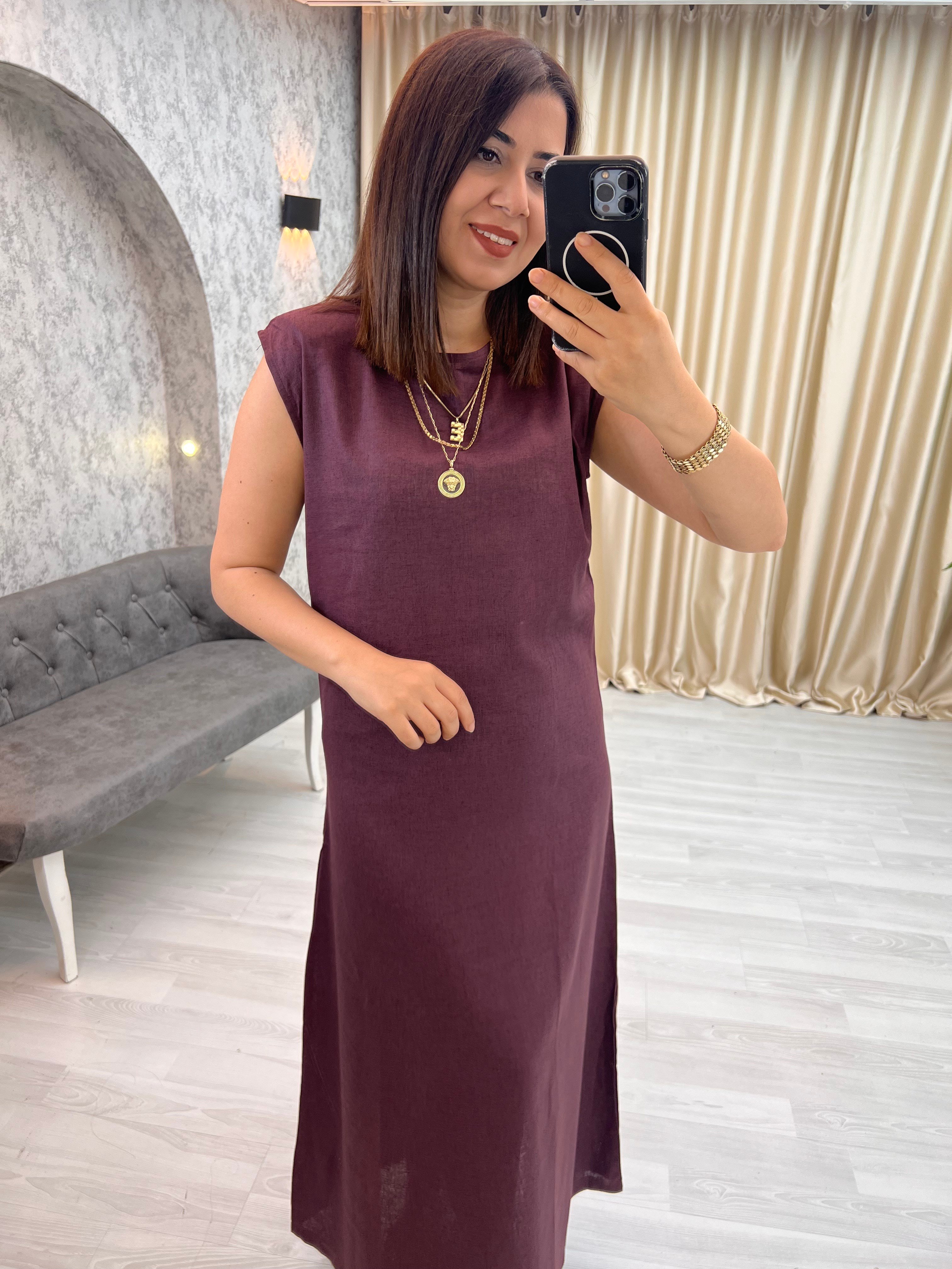 %100 Keten Gömlek Elbise Takım Bordo