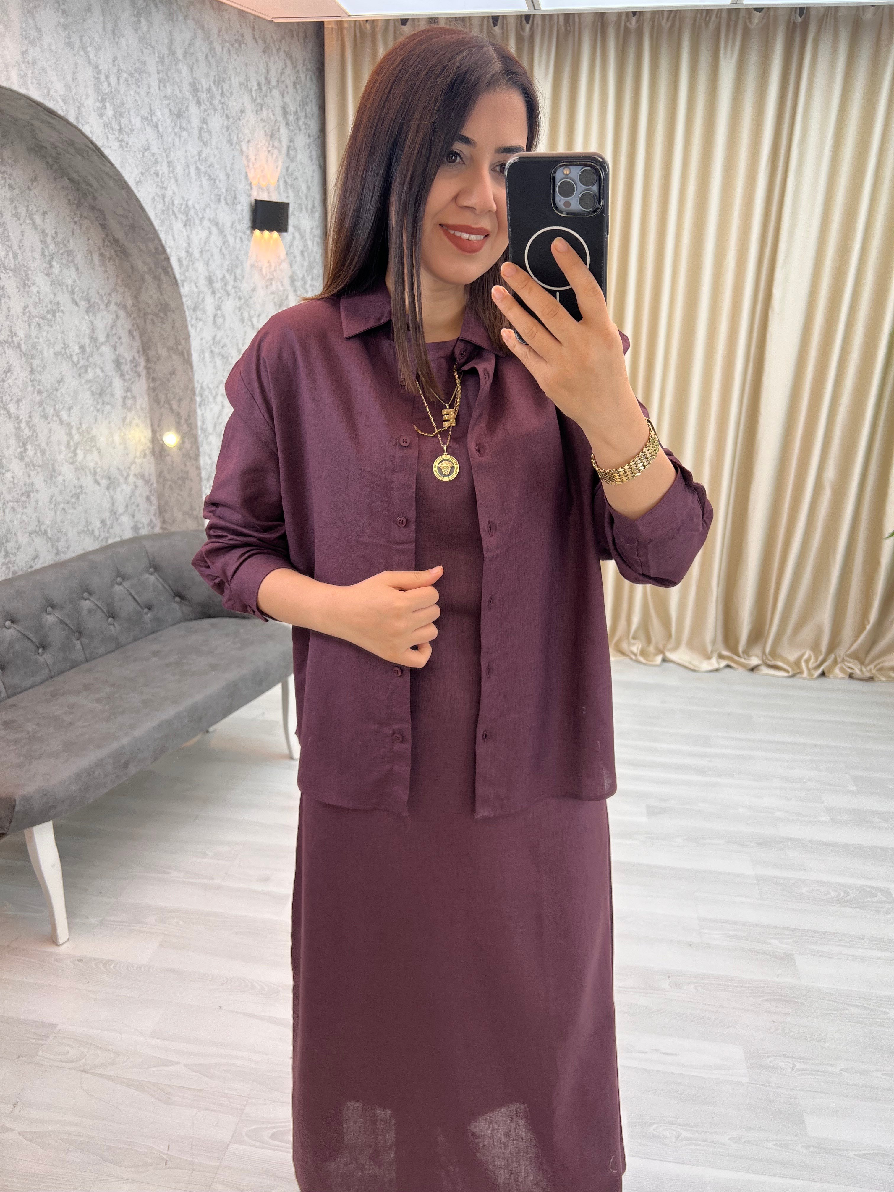 %100 Keten Gömlek Elbise Takım Bordo
