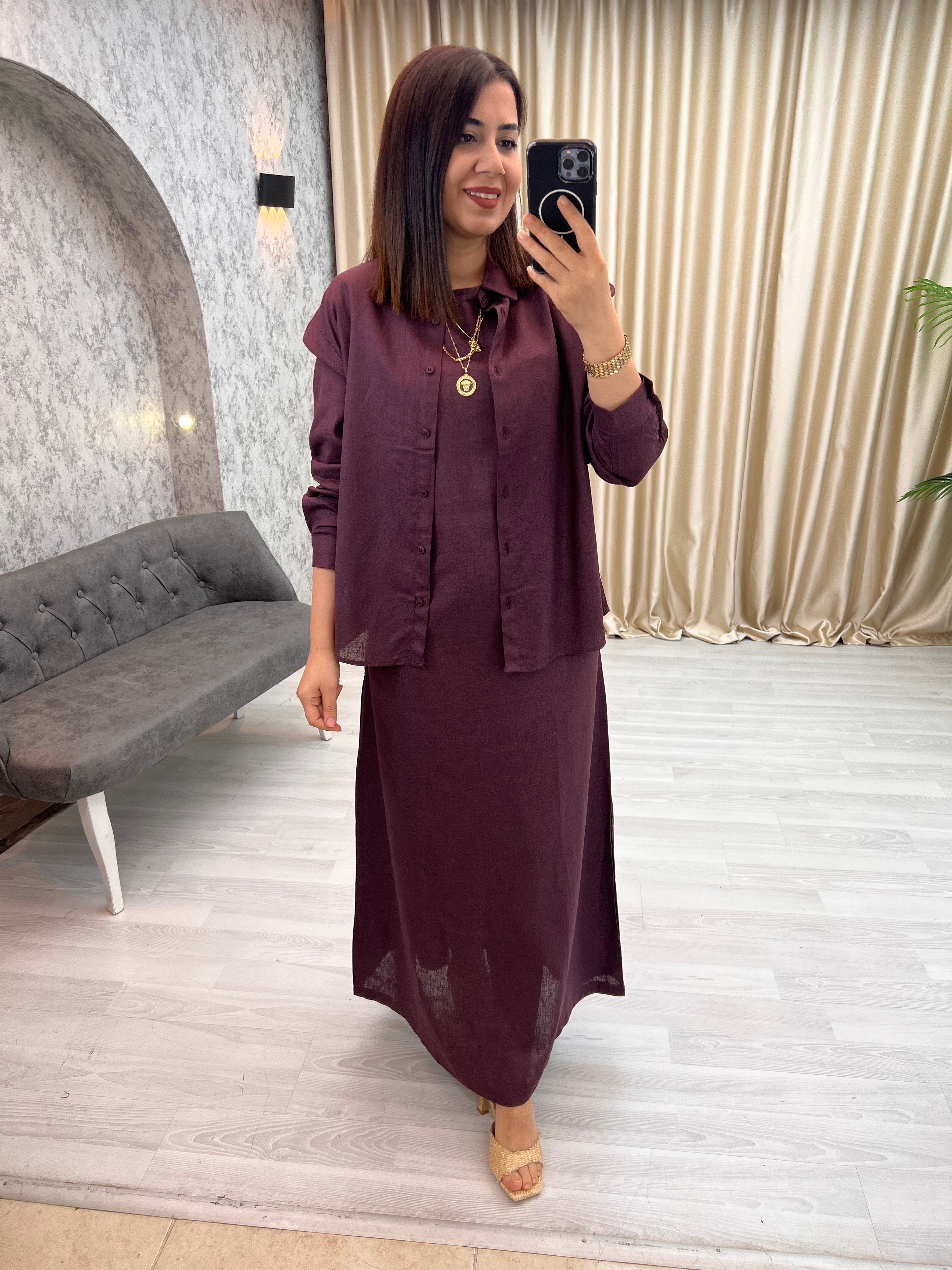 %100 Keten Gömlek Elbise Takım Bordo