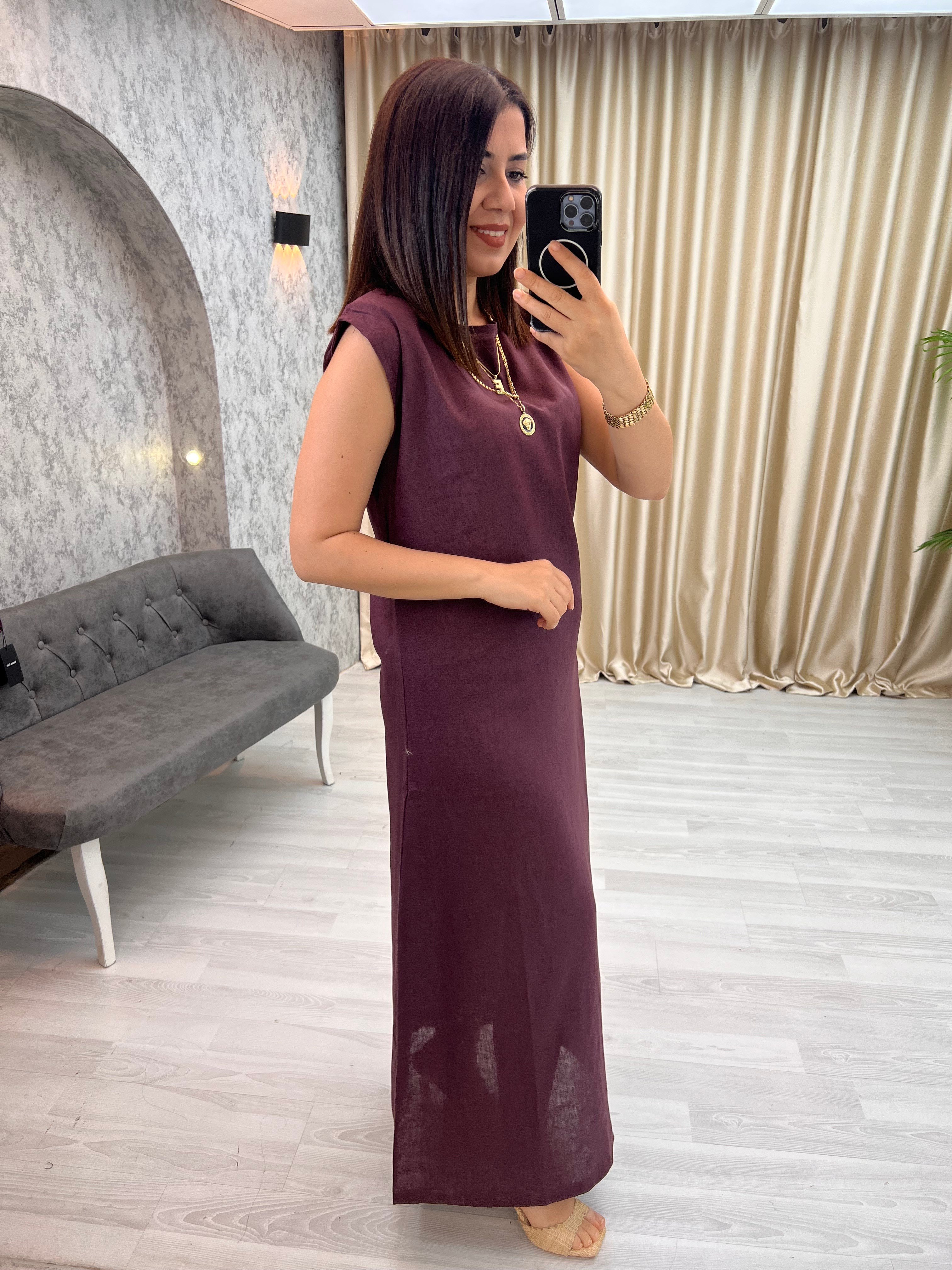 %100 Keten Gömlek Elbise Takım Bordo