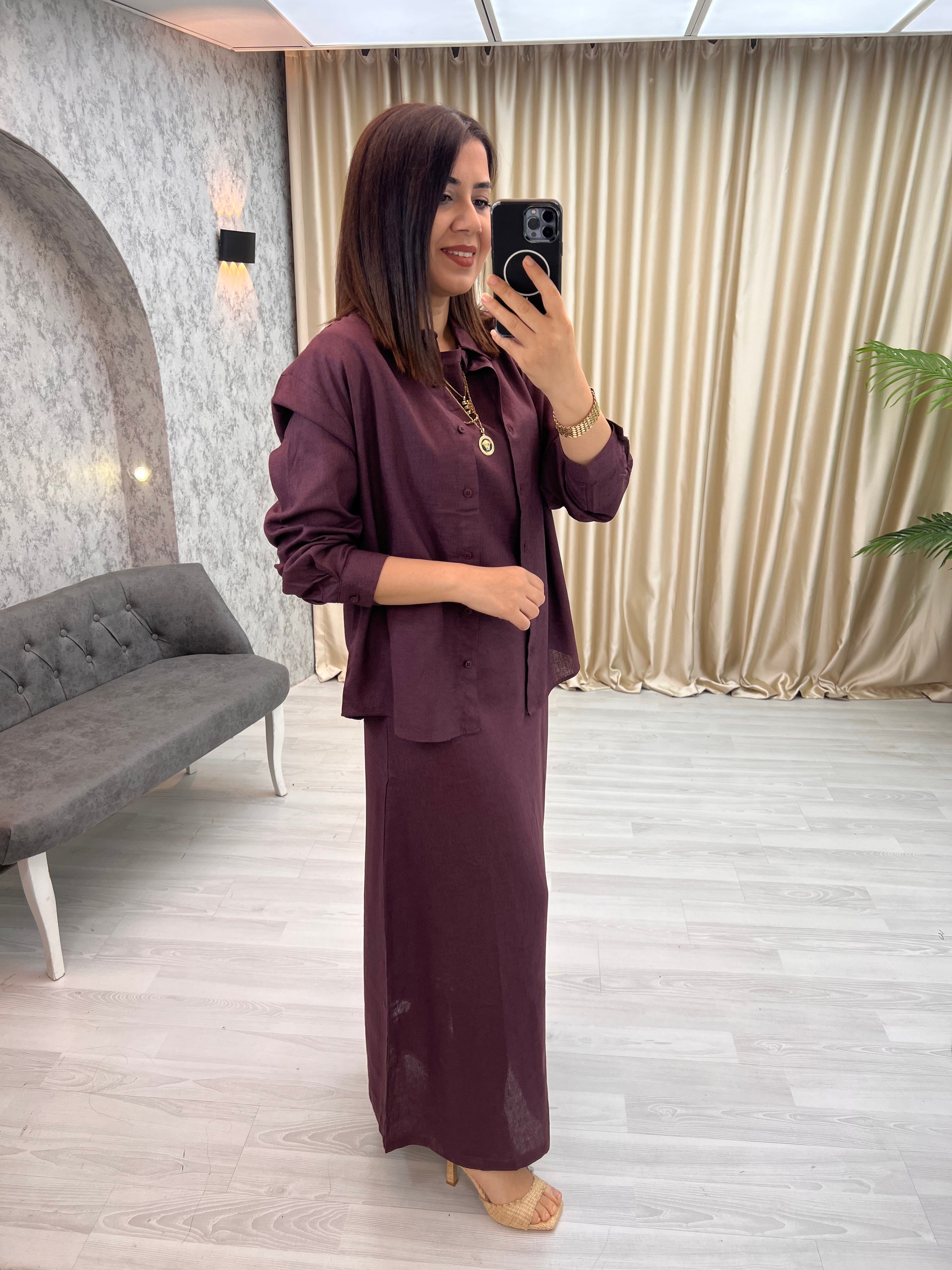 %100 Keten Gömlek Elbise Takım Bordo