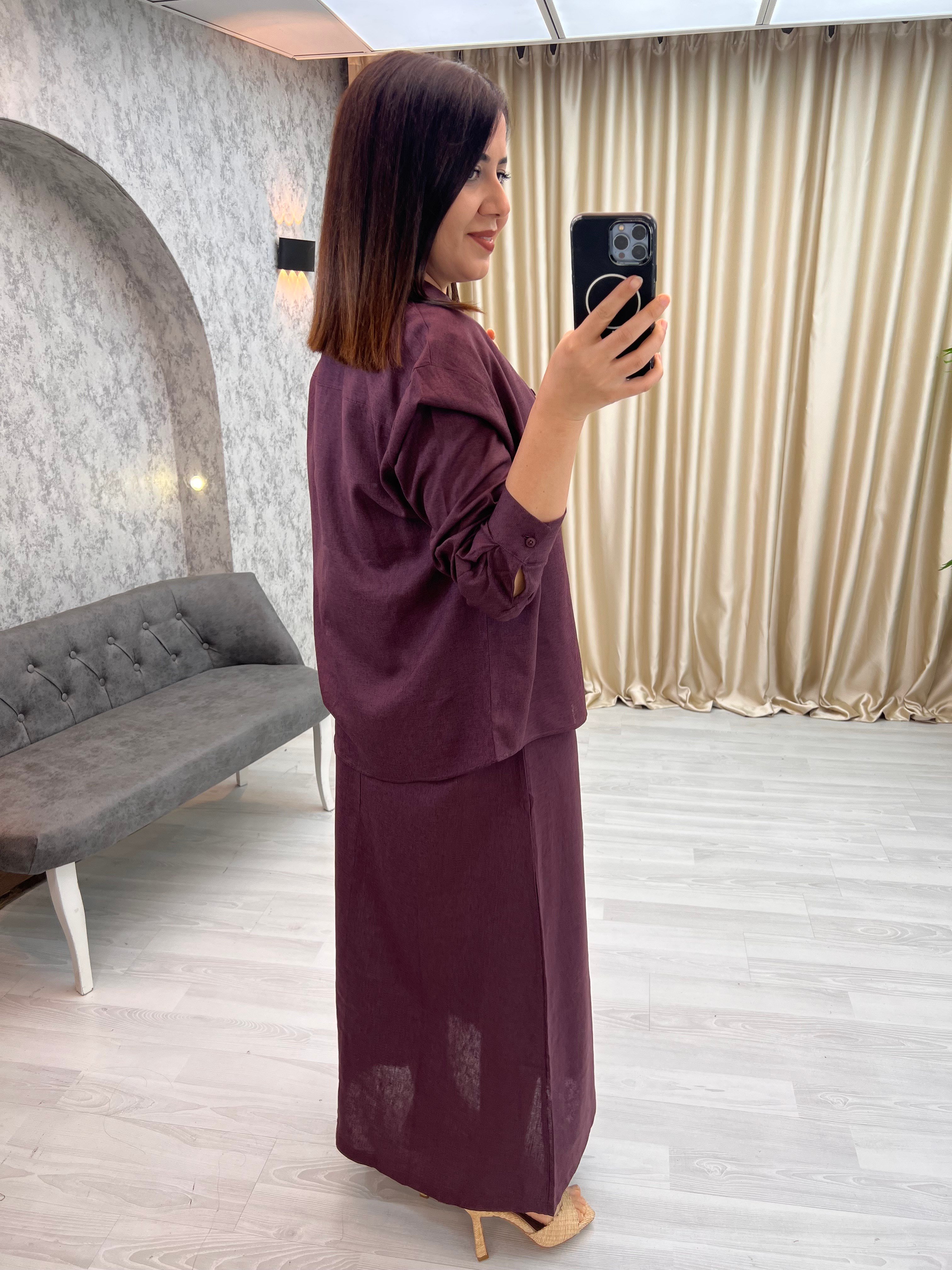%100 Keten Gömlek Elbise Takım Bordo
