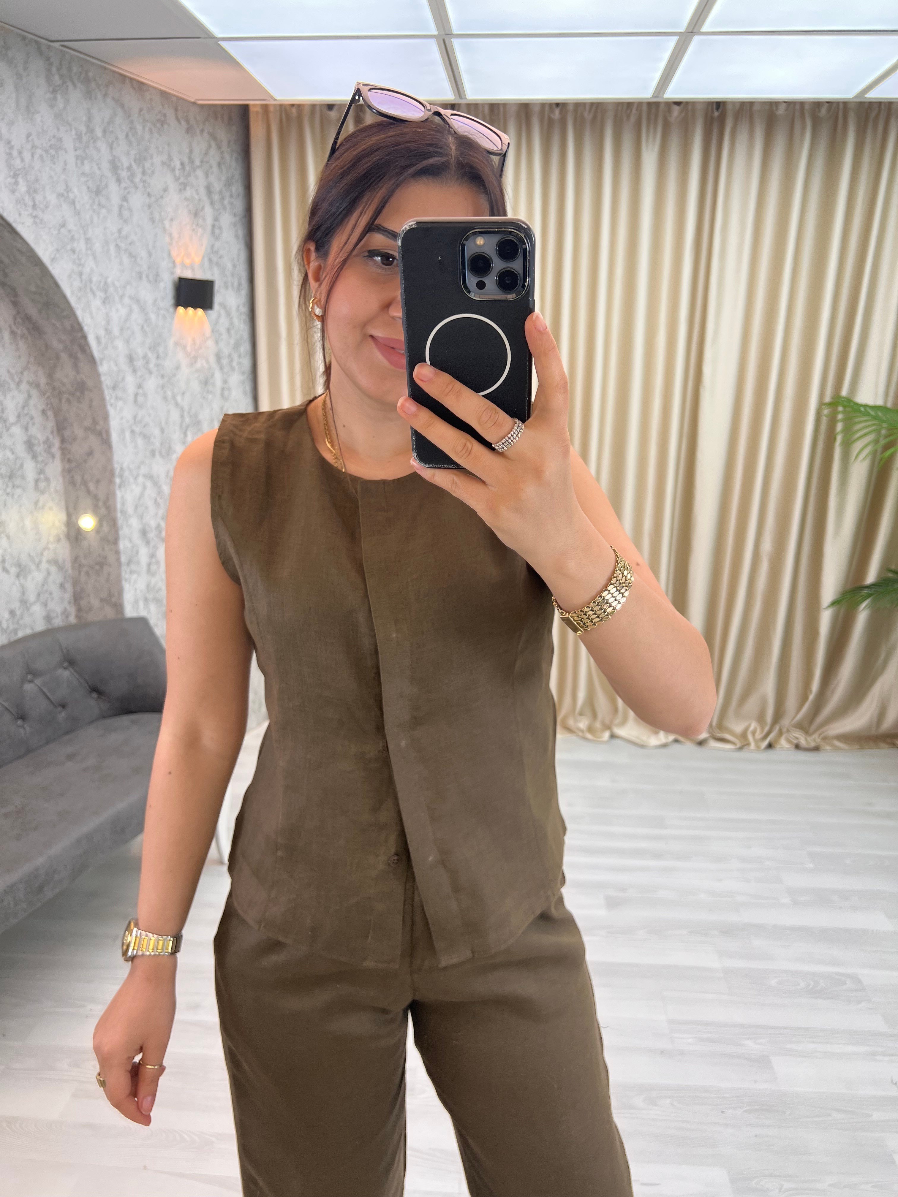 %100 Keten Kolsuz Takım Kahverengi