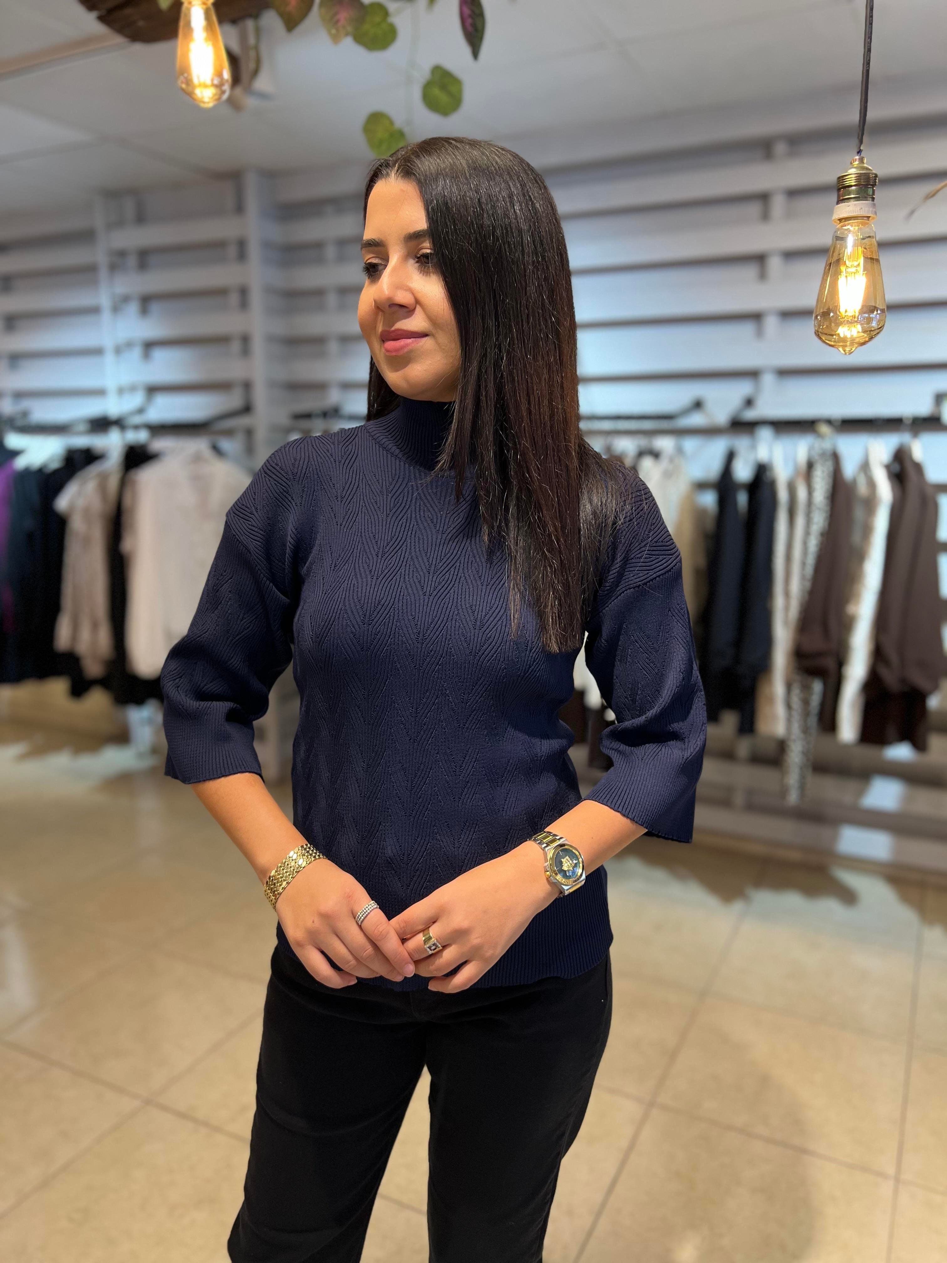 Ajurlu Yarım Balıkçı Triko Bluz Lacivert