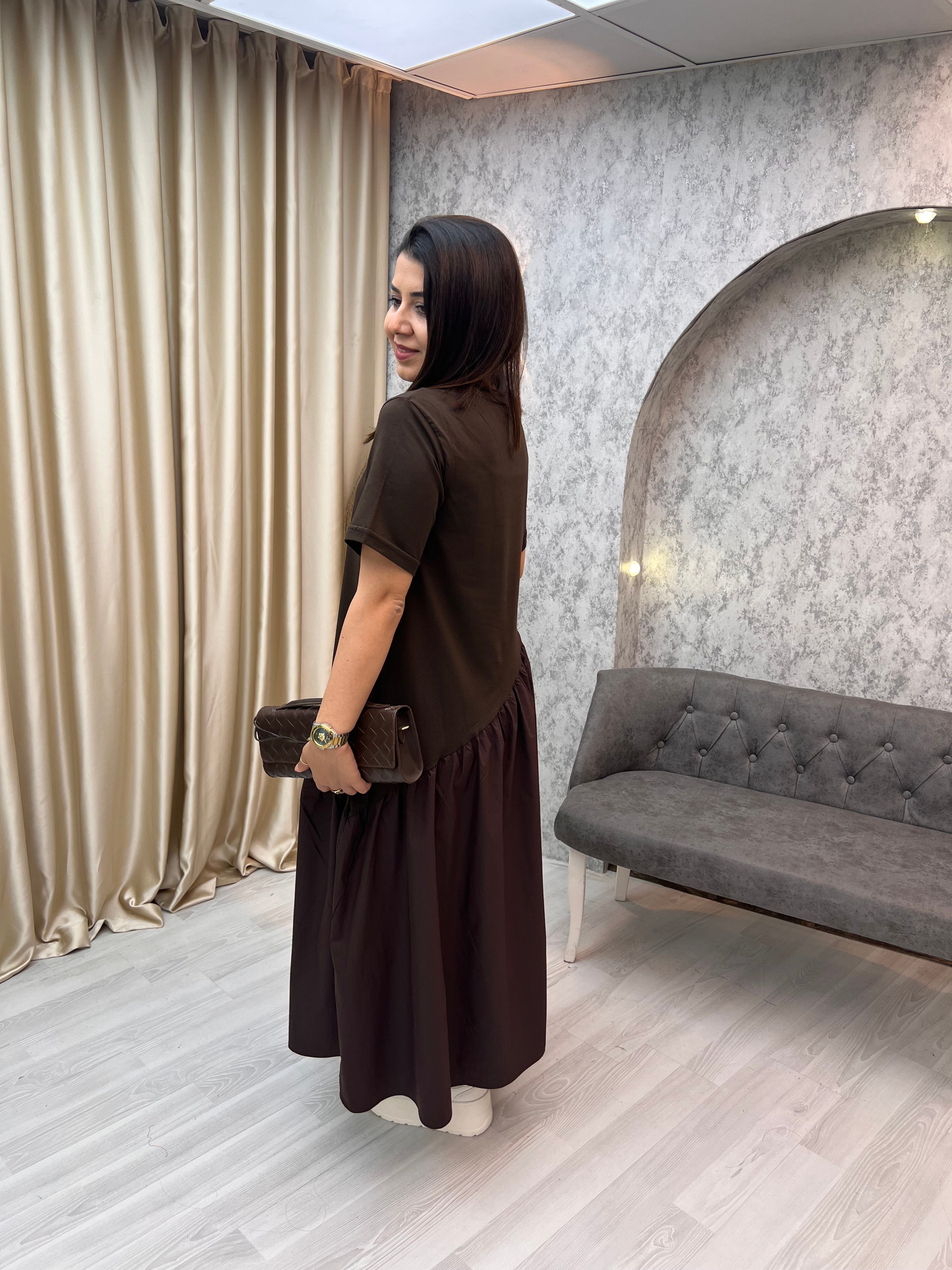 Altı Poplin Fırfırlı Elbise Kahverengi