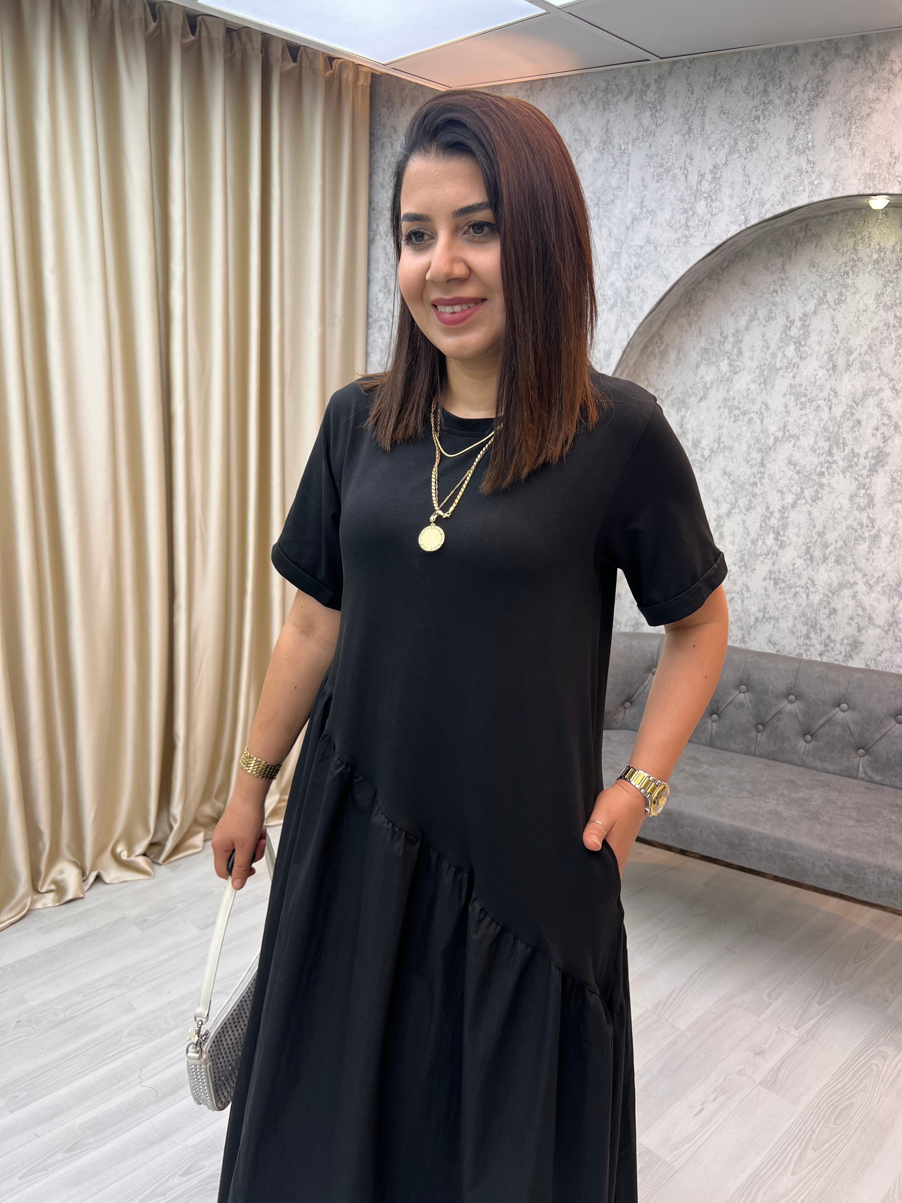 Altı Poplin Fırfırlı Elbise Siyah