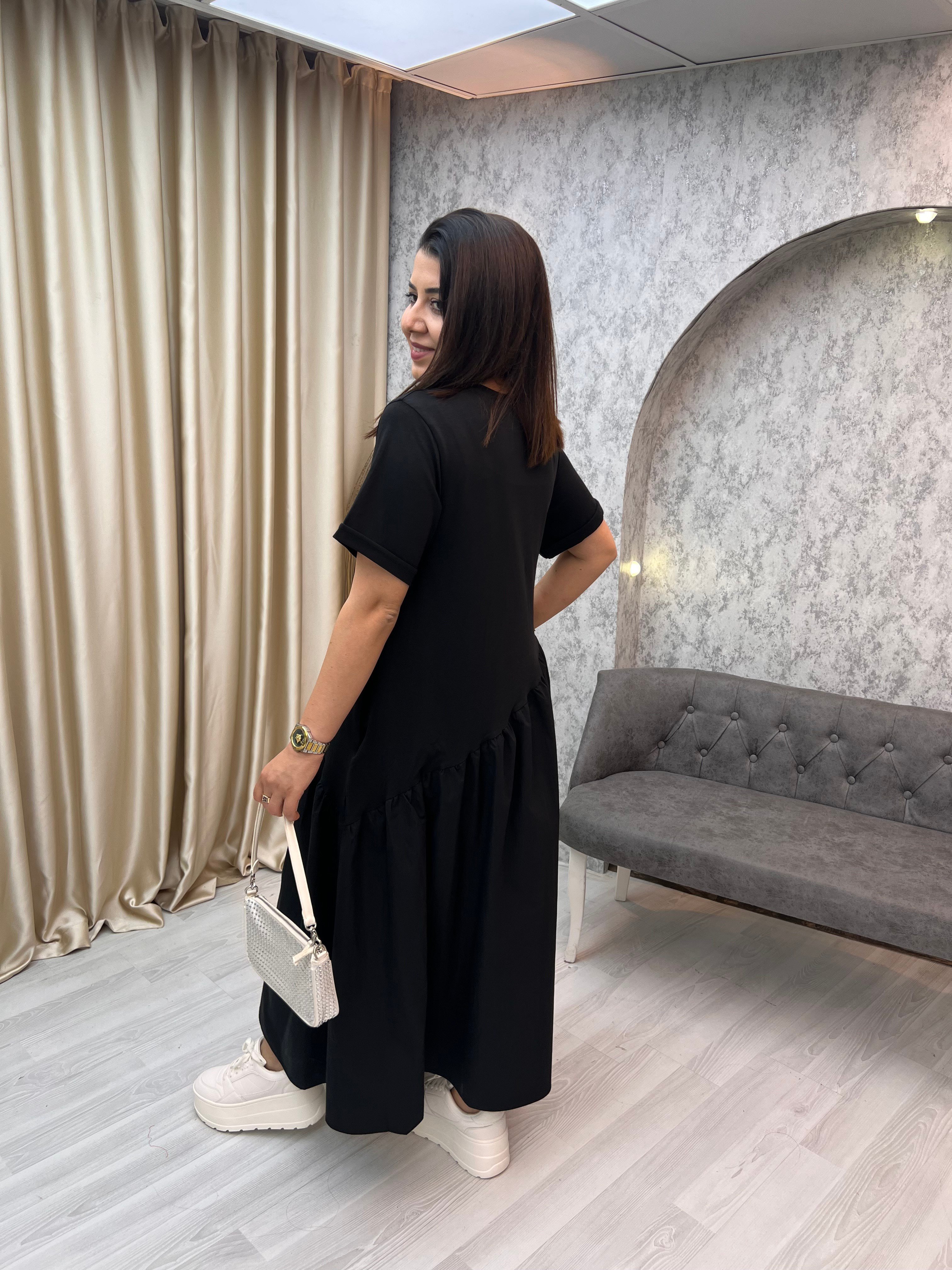 Altı Poplin Fırfırlı Elbise Siyah