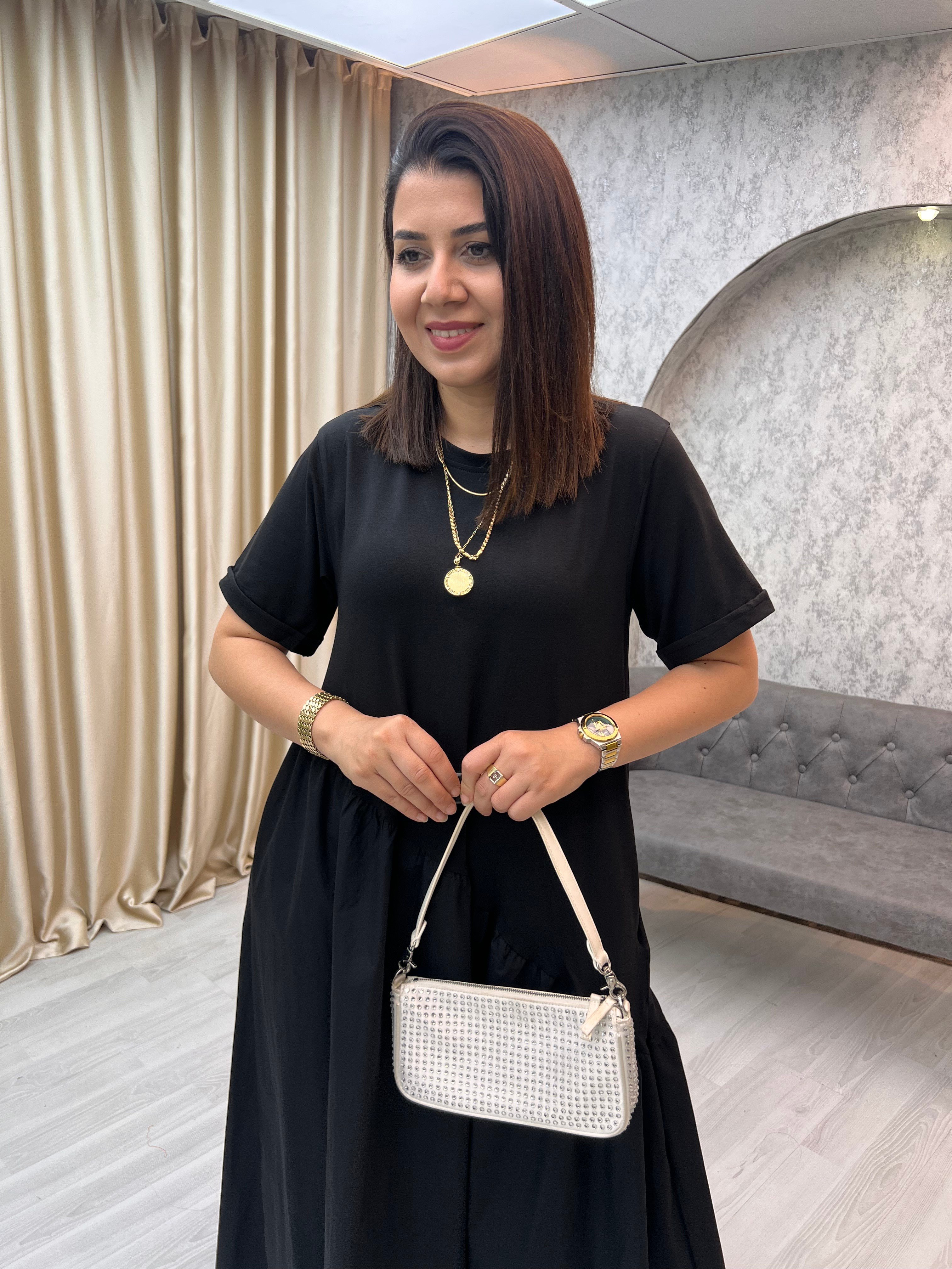 Altı Poplin Fırfırlı Elbise Siyah