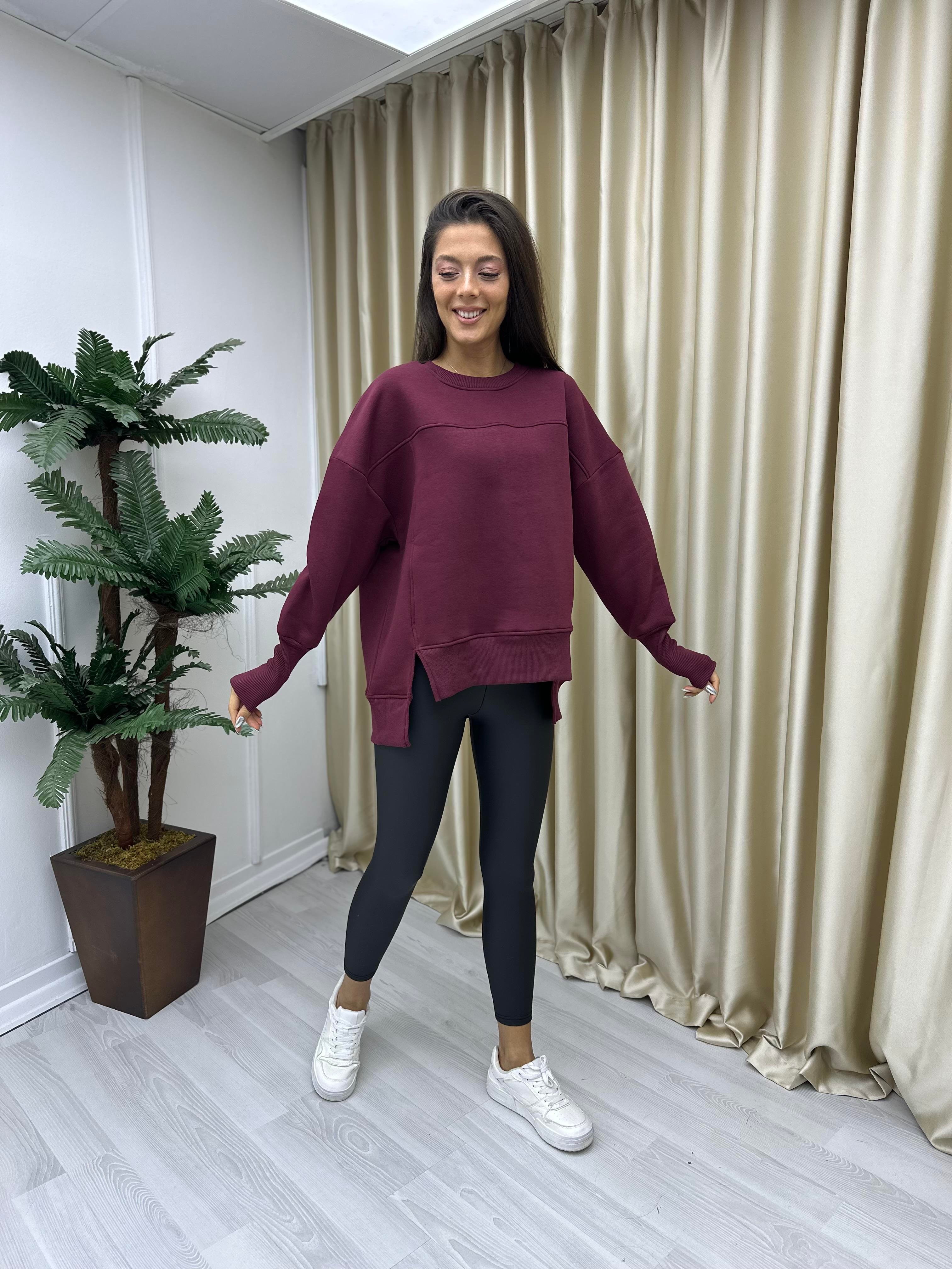 Asimetrik Kesim Şardonlu Sweat Bordo