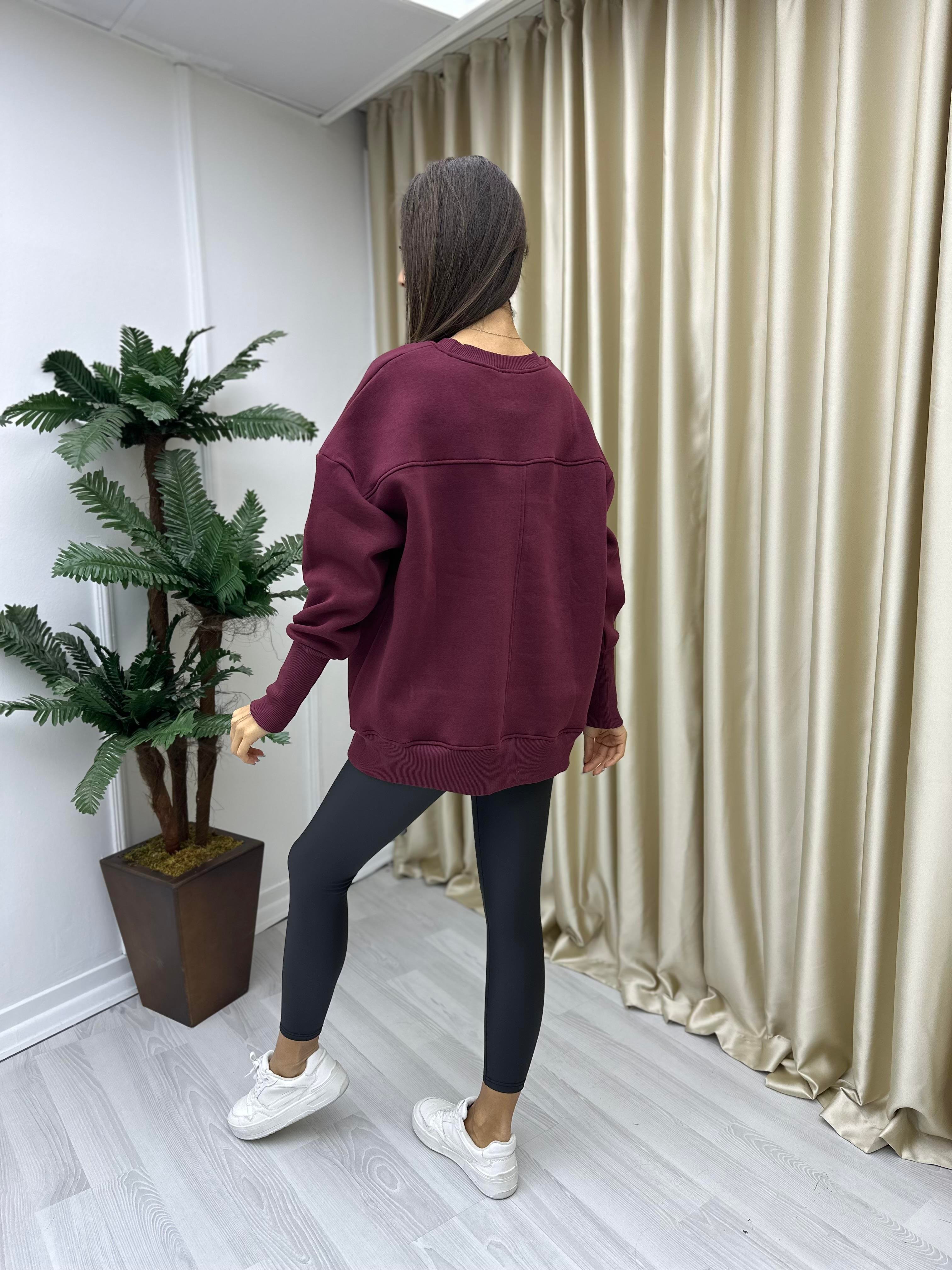 Asimetrik Kesim Şardonlu Sweat Bordo