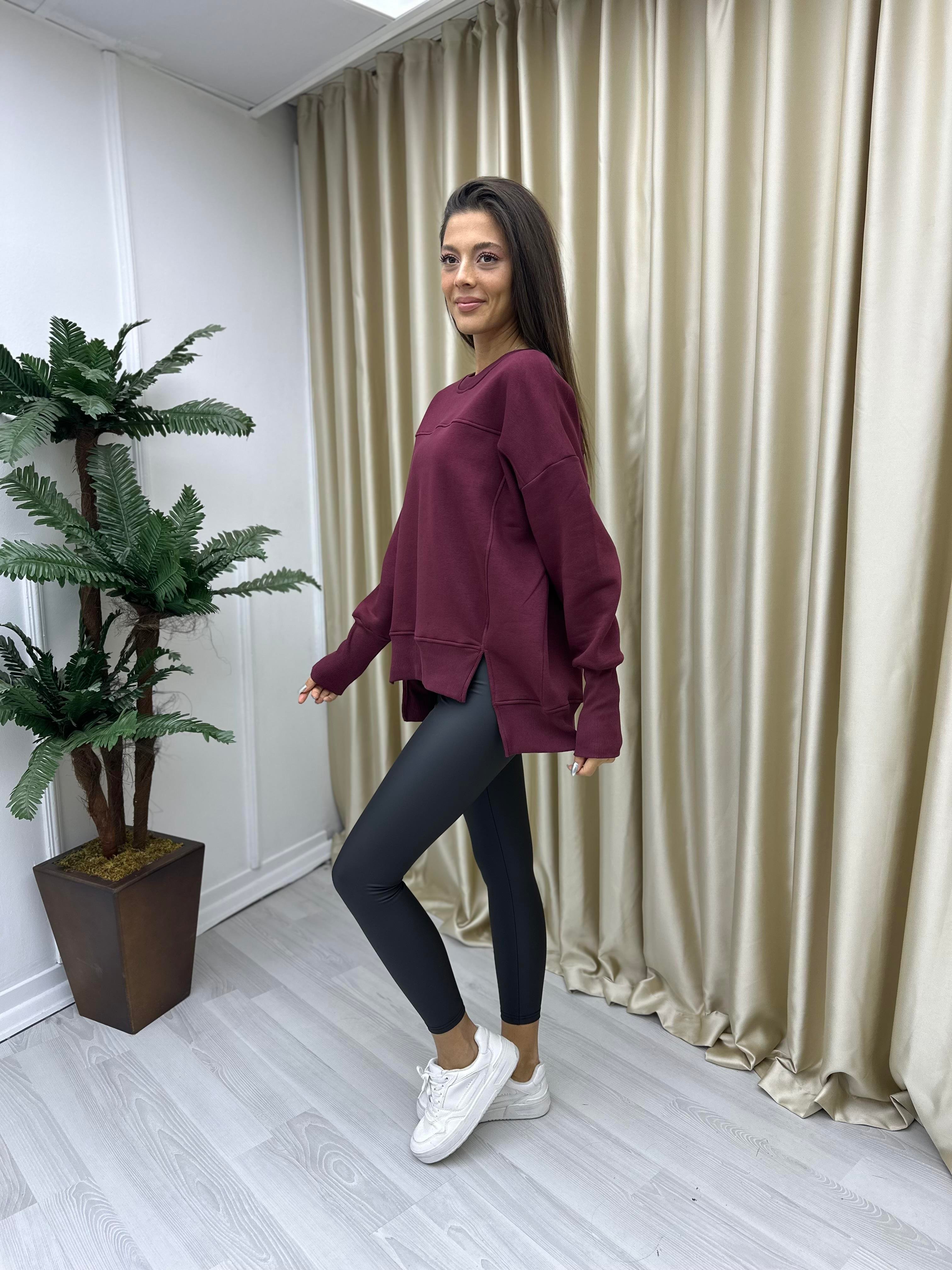 Asimetrik Kesim Şardonlu Sweat Bordo