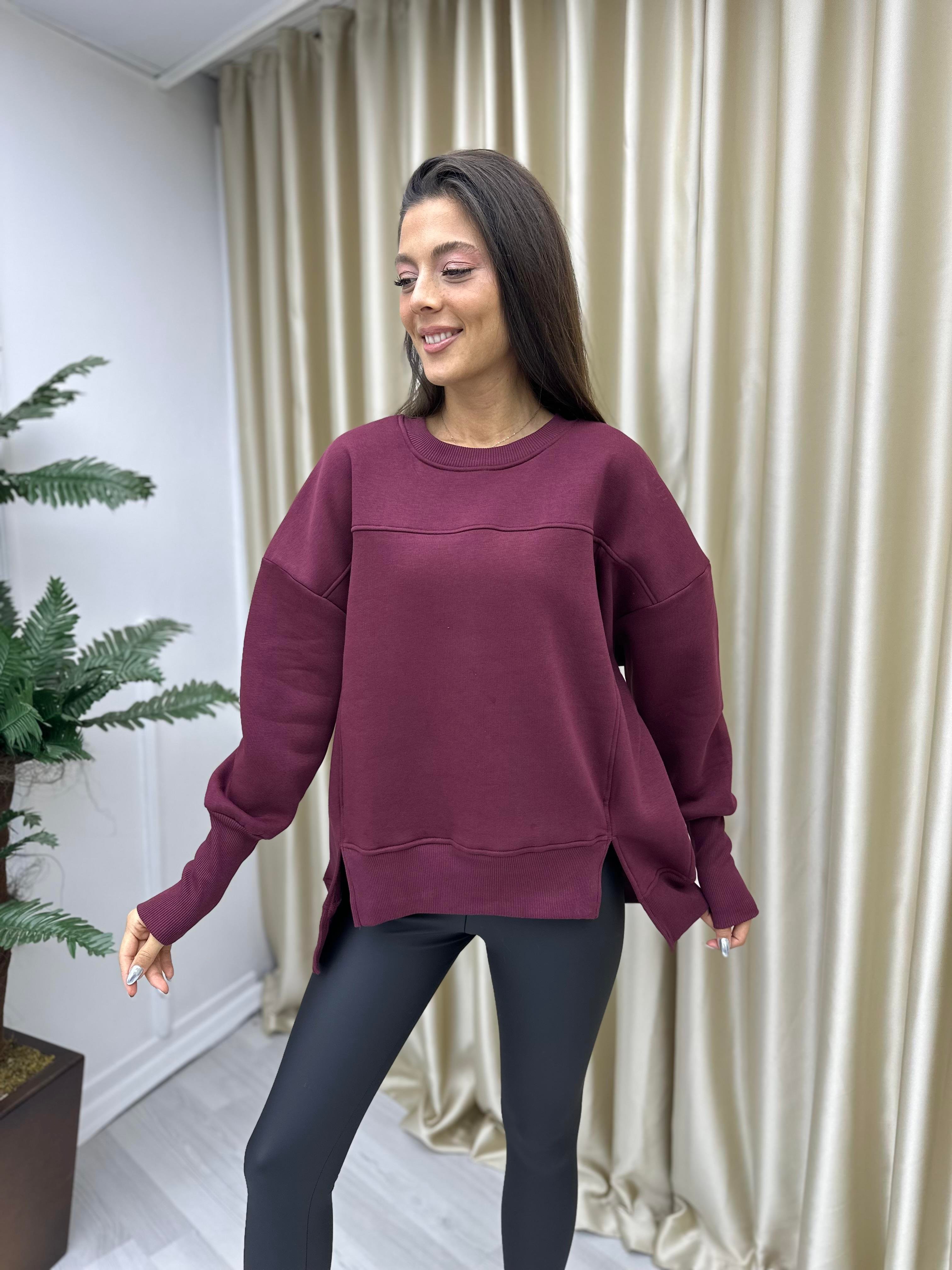 Asimetrik Kesim Şardonlu Sweat Bordo