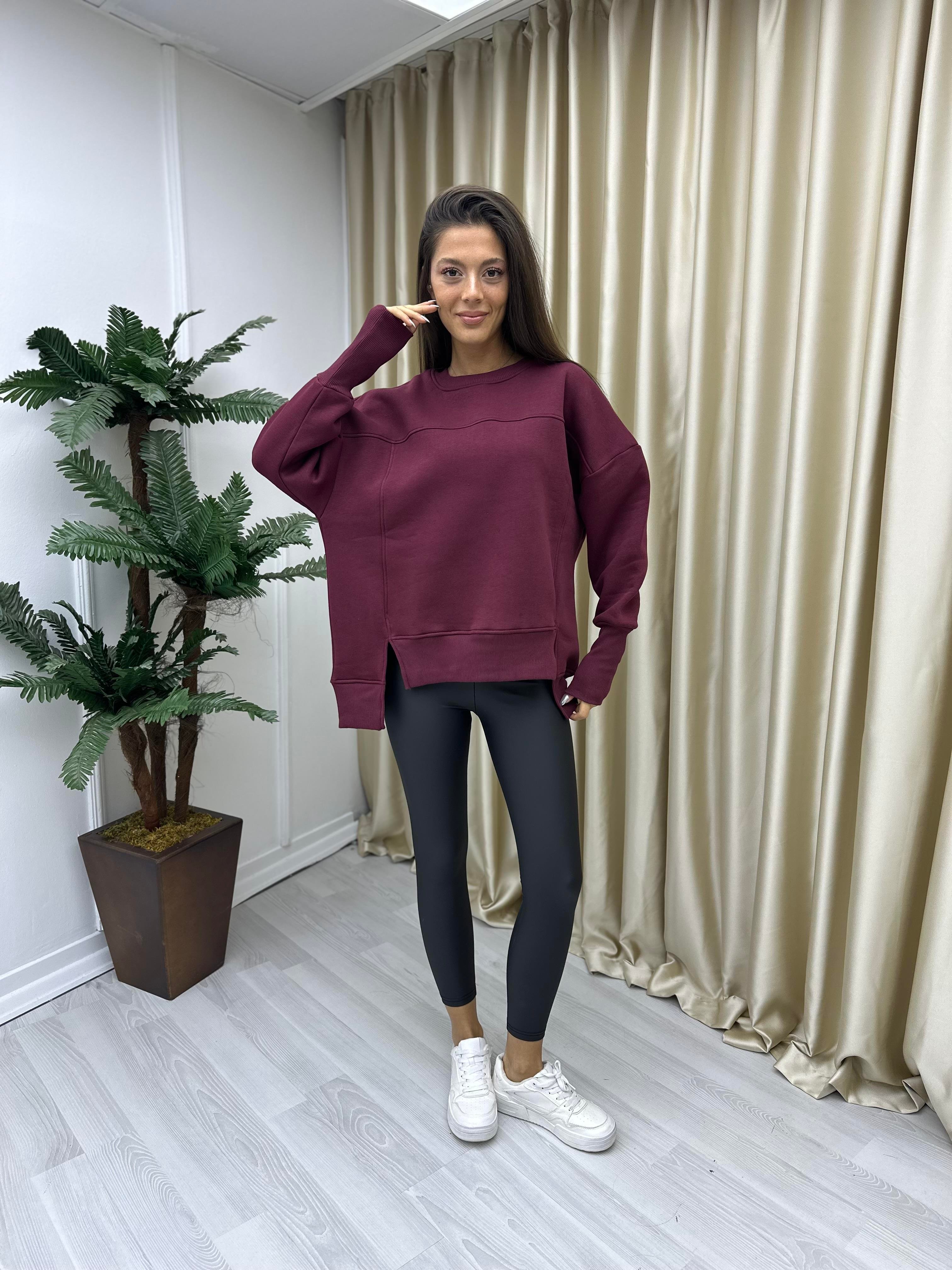 Asimetrik Kesim Şardonlu Sweat Bordo