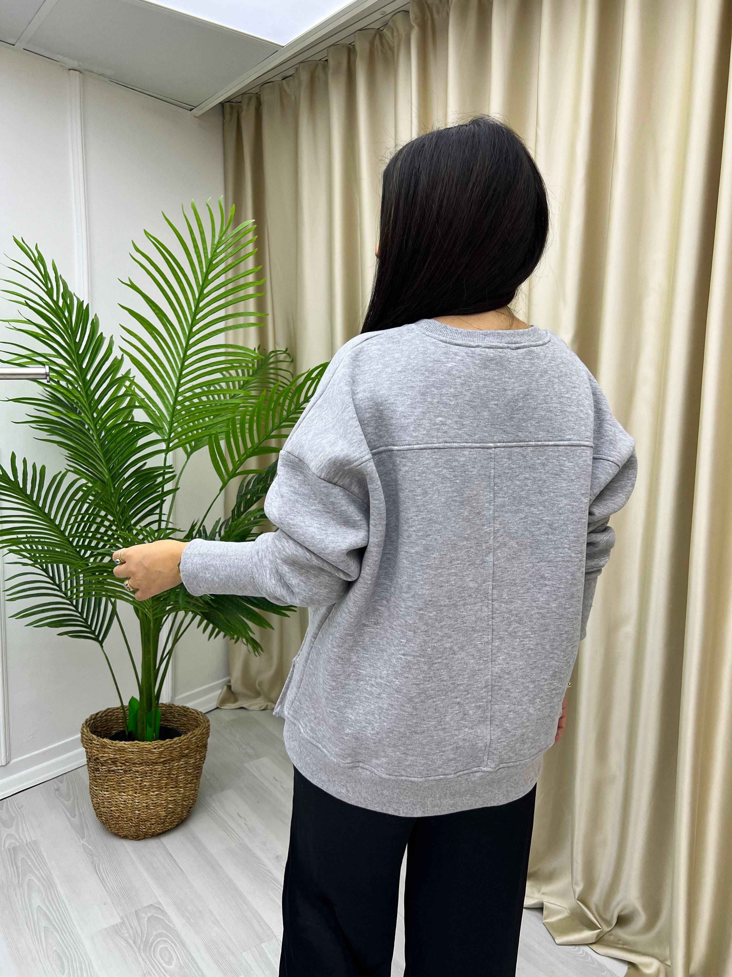 Asimetrik Kesim Şardonlu Sweat Gri