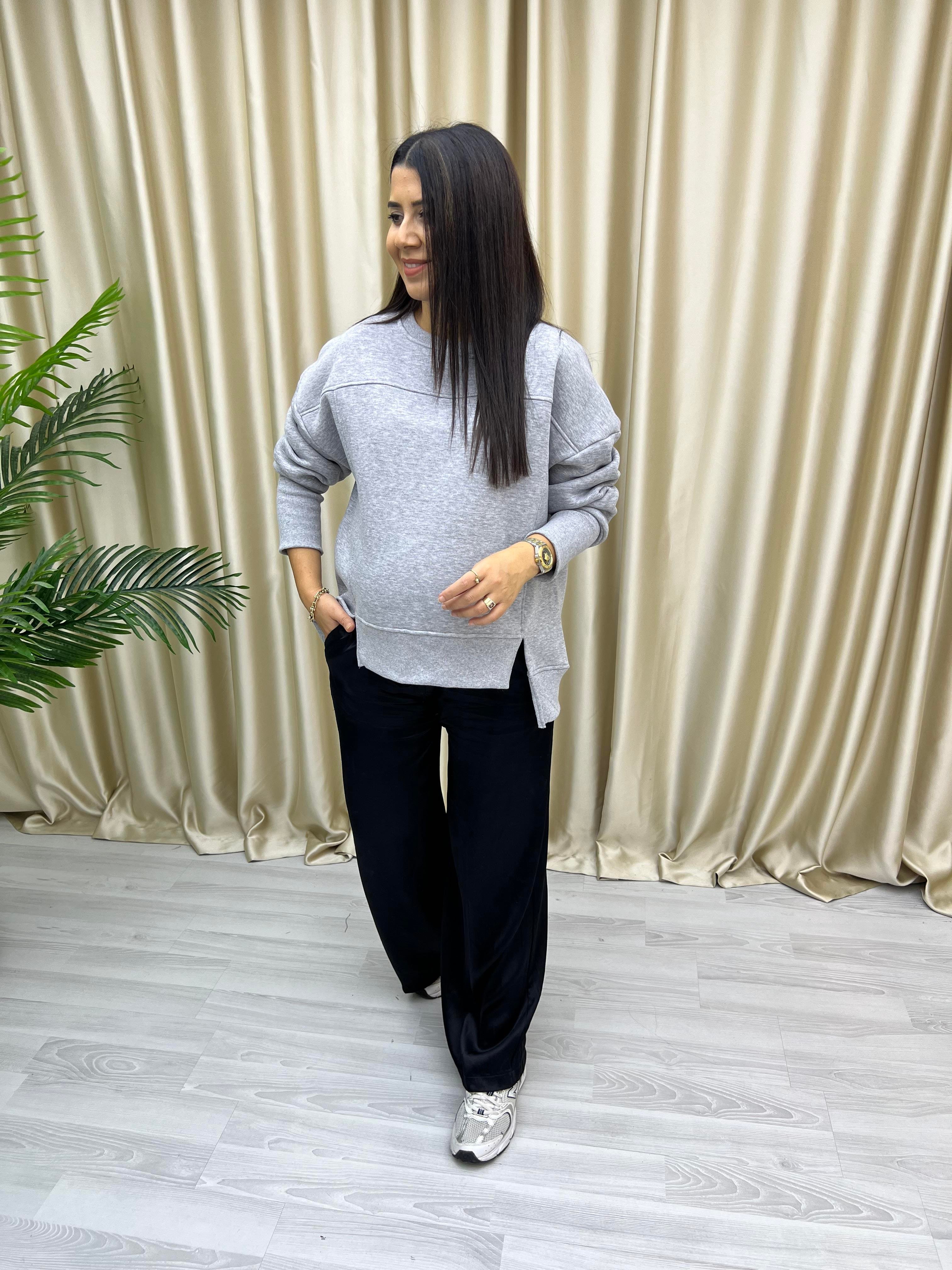 Asimetrik Kesim Şardonlu Sweat Gri