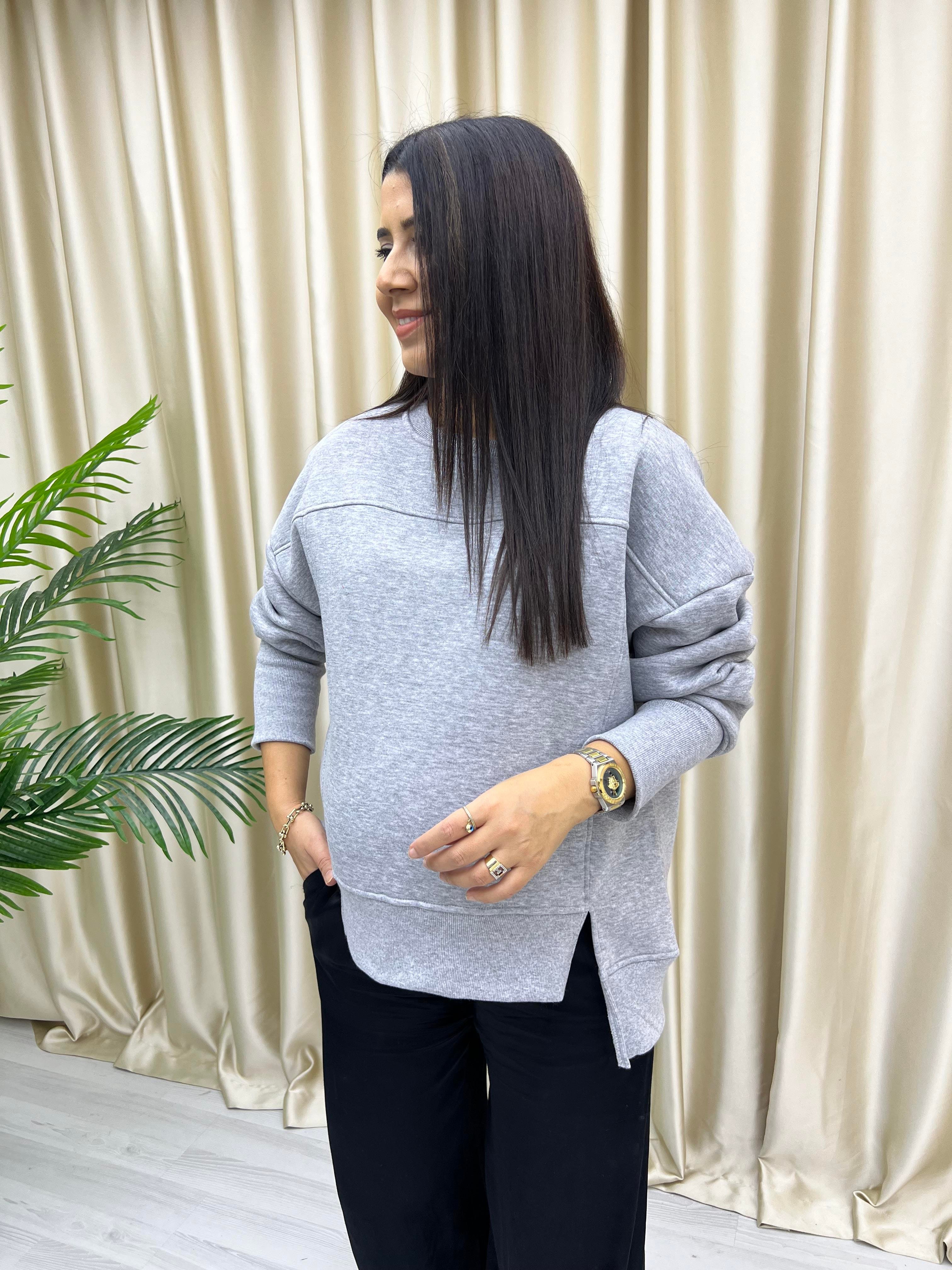 Asimetrik Kesim Şardonlu Sweat Gri