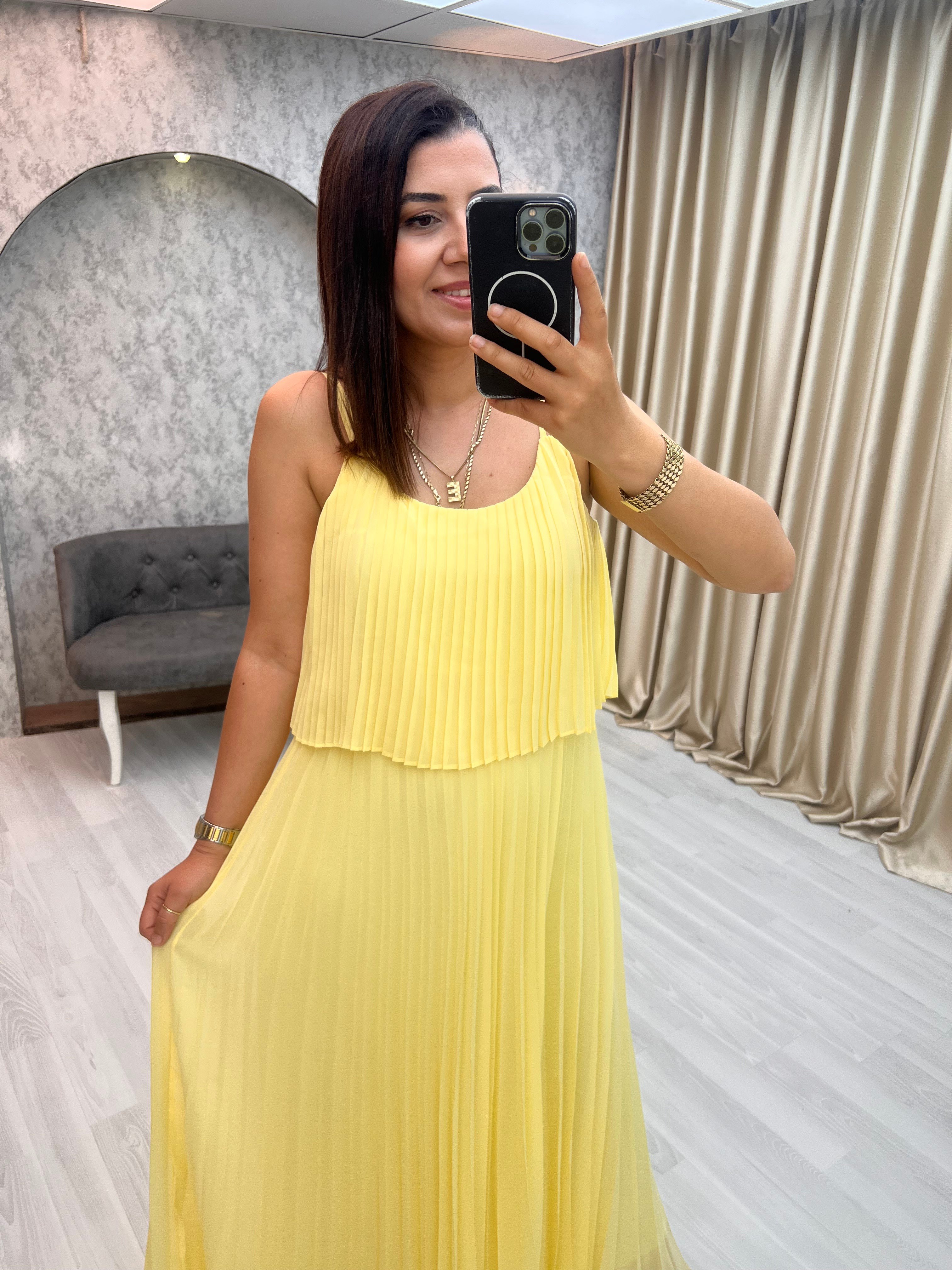 Askılı Pilise Elbise Sarı