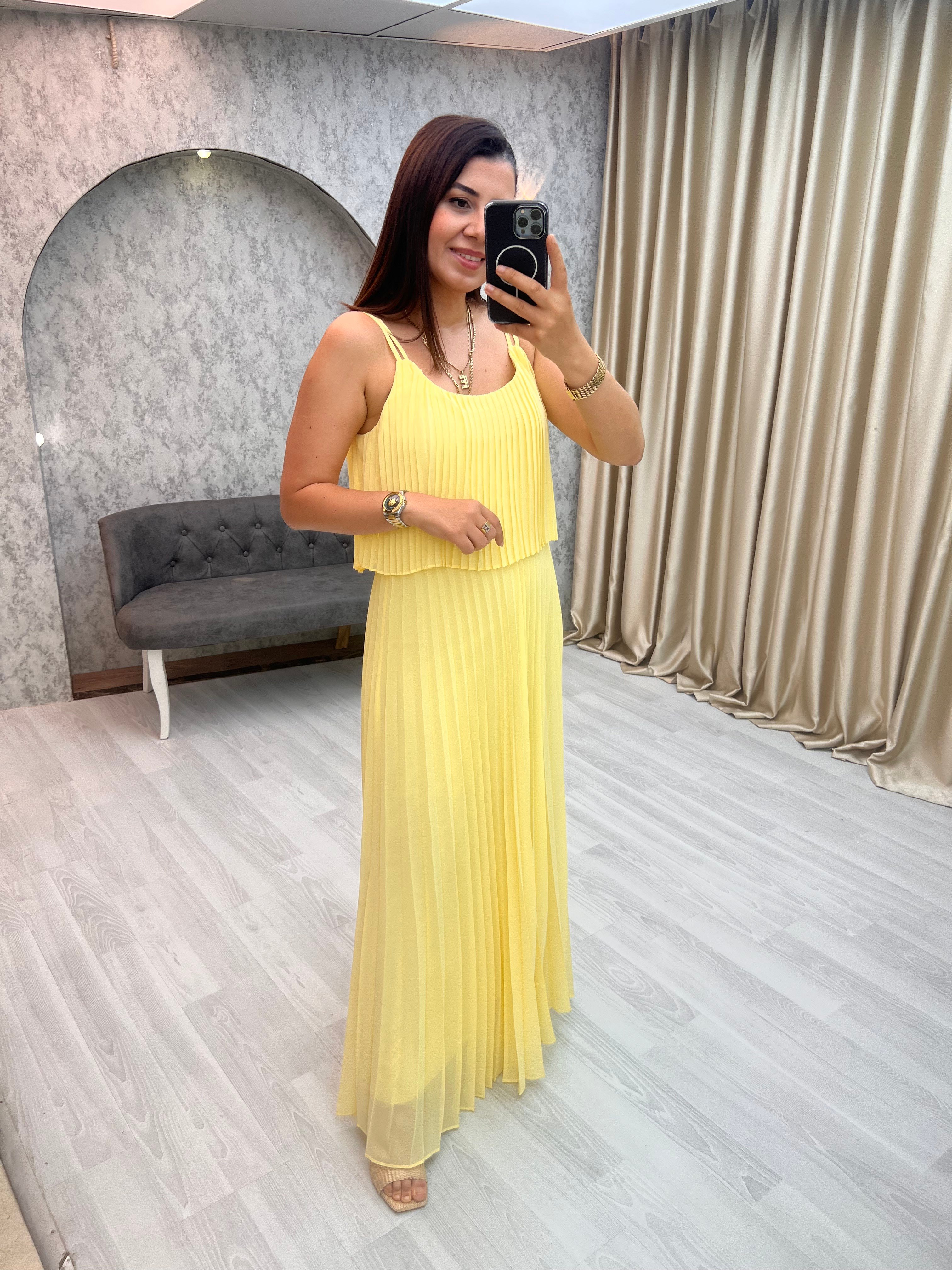 Askılı Pilise Elbise Sarı