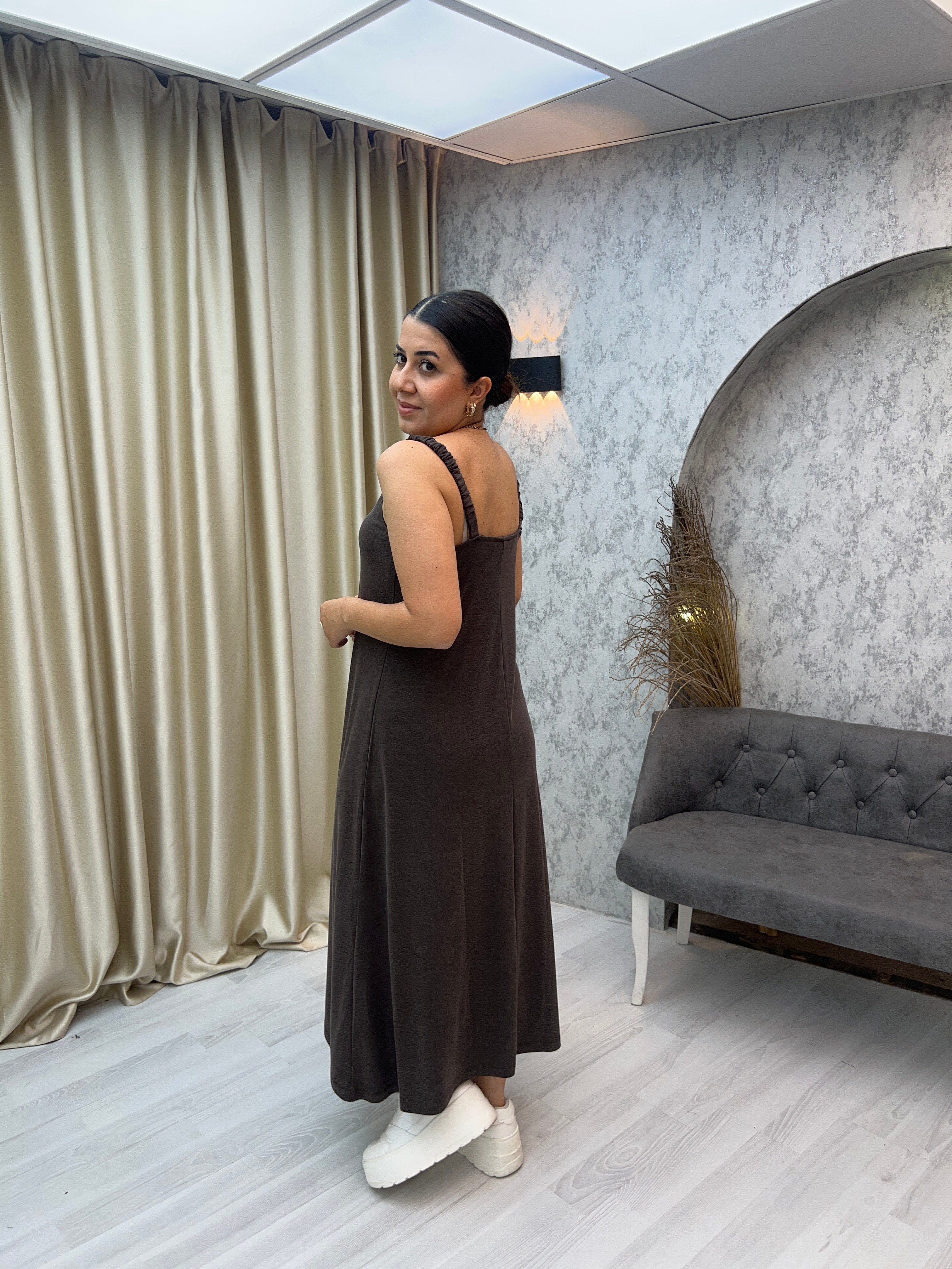 Askılı Premium Modal Elbise Kahverengi