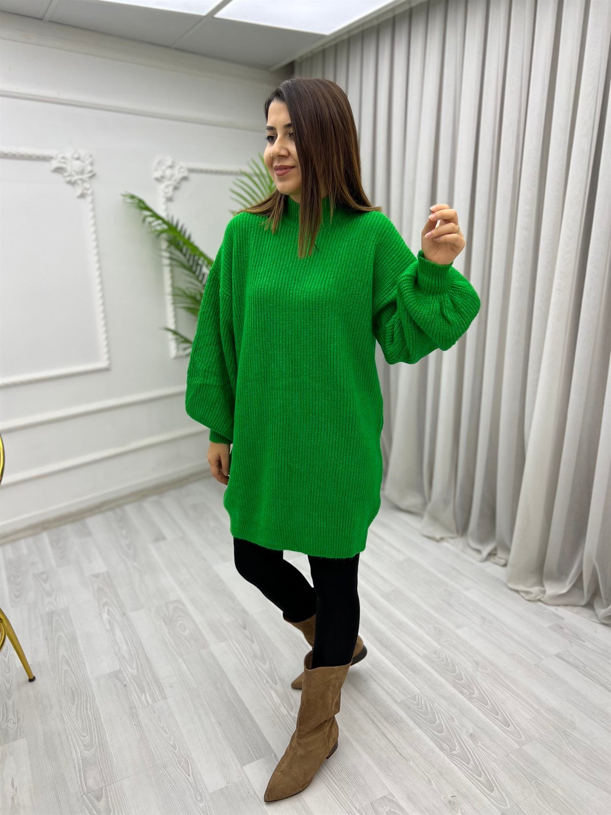 Balon Kol Yumoş Tunik Kazak Yeşil