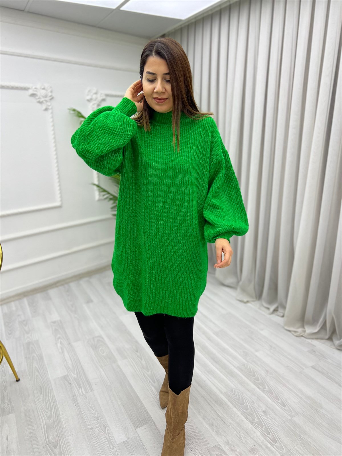 Balon Kol Yumoş Tunik Kazak Yeşil