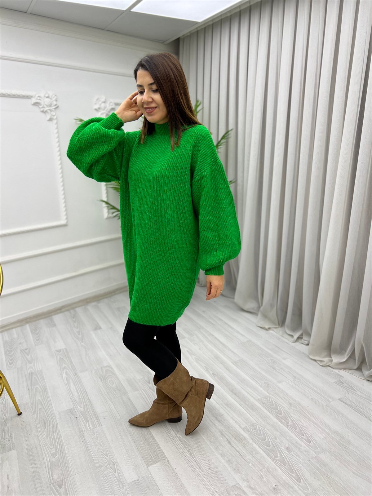 Balon Kol Yumoş Tunik Kazak Yeşil