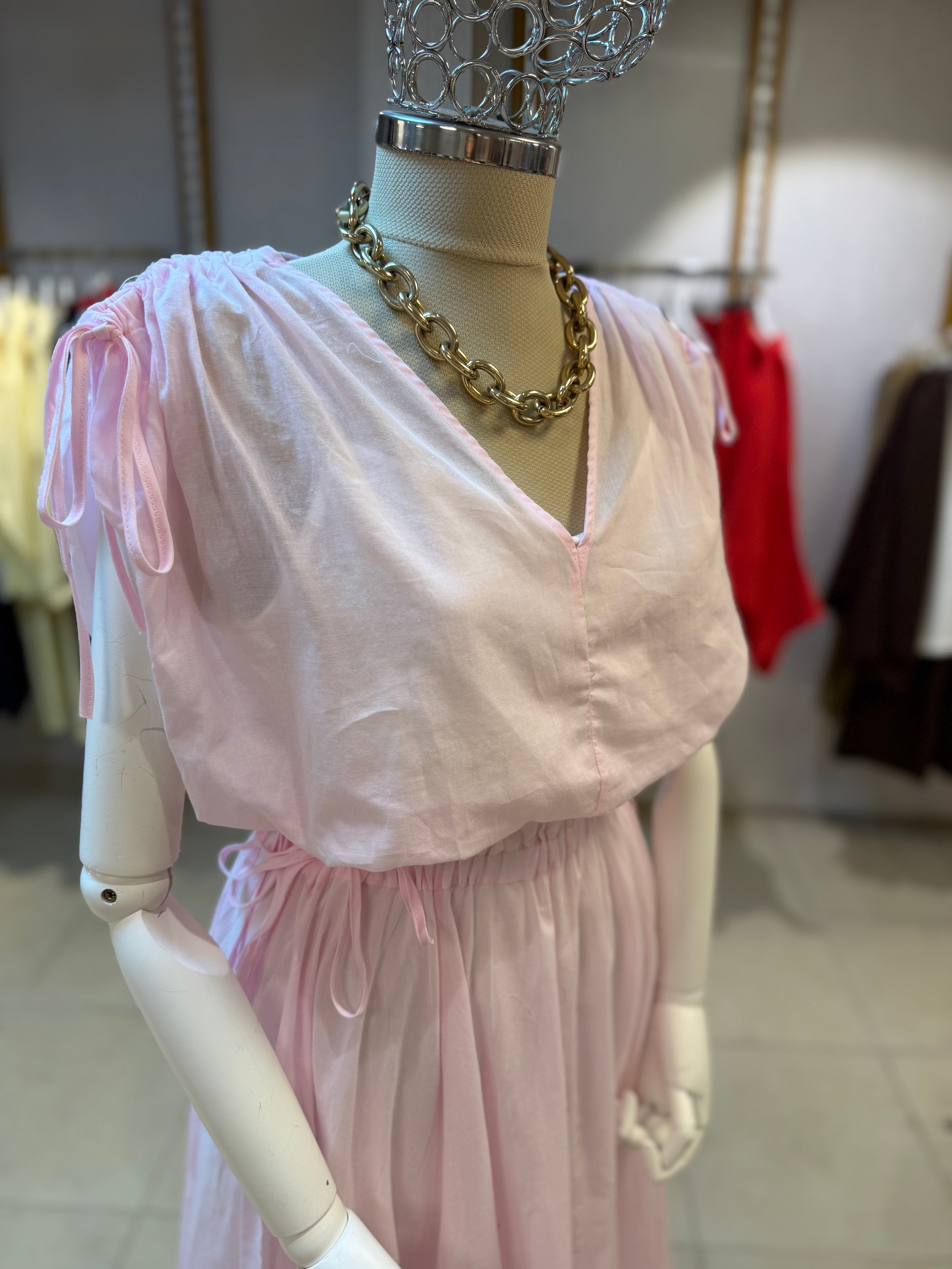 Beli Büzgülü  Elbise Pembe