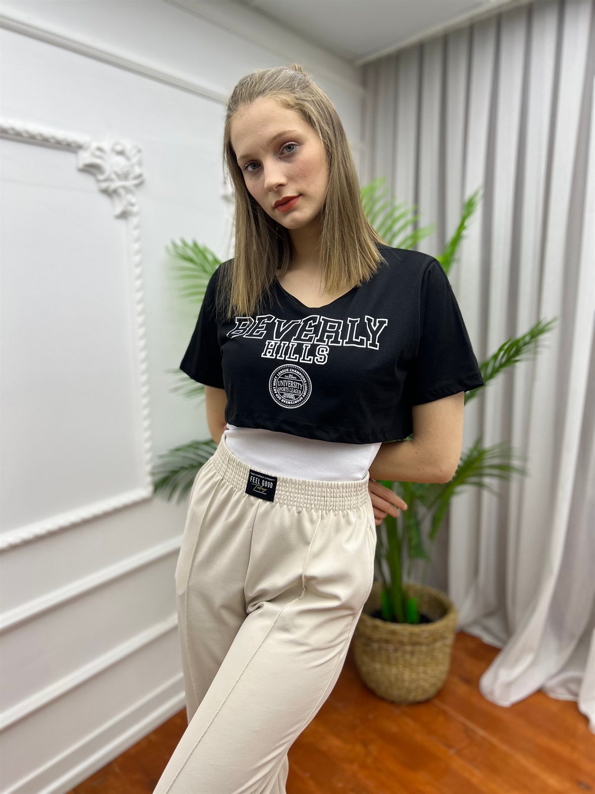 Beverly Hılss İkili Crop Takım Tişört Siyah