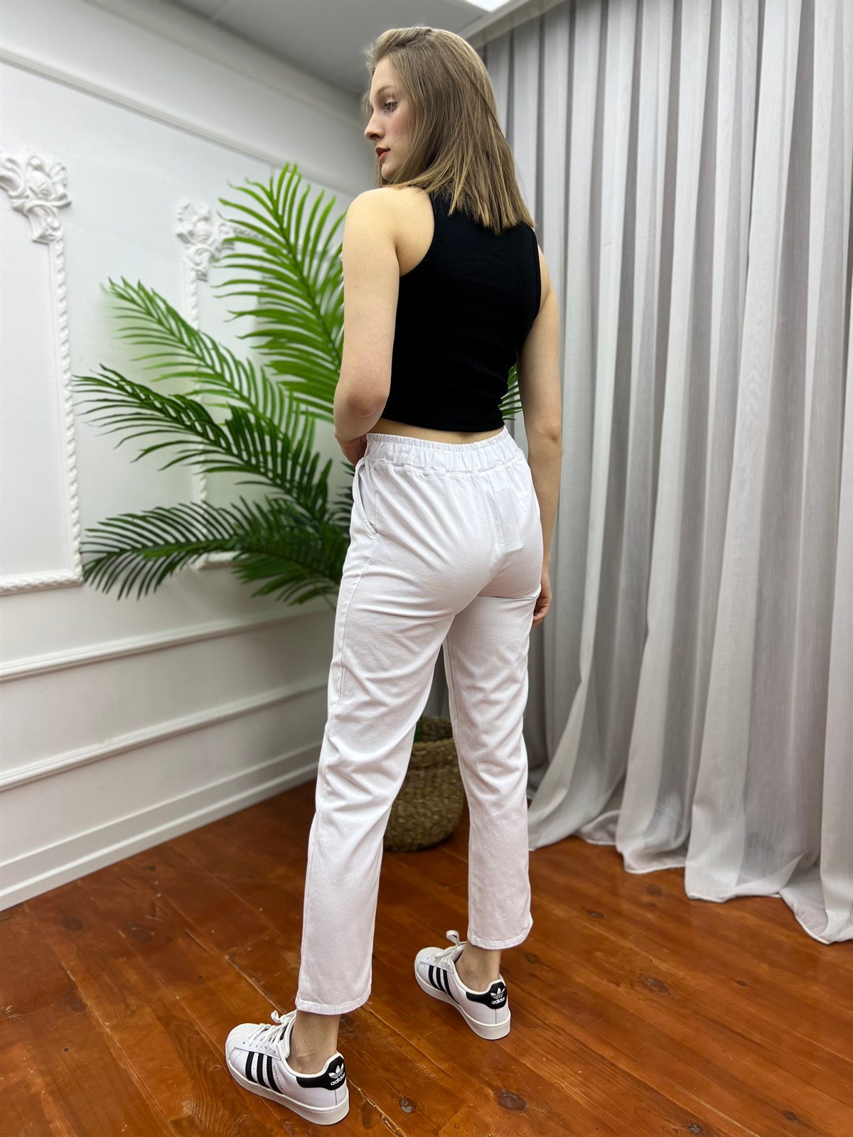 Büyük Beden Beli Lastikli Keten Pantolon Beyaz