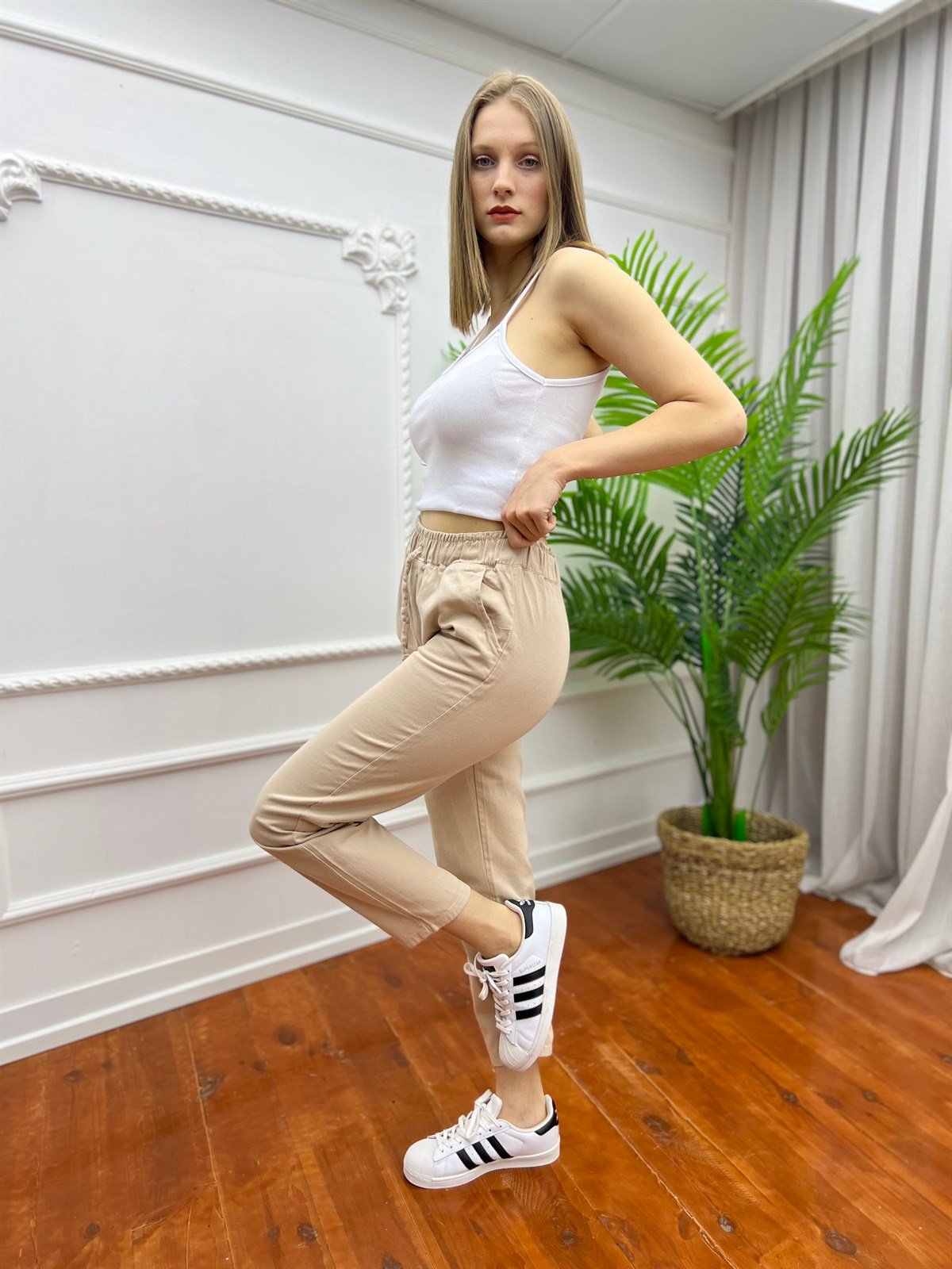 Büyük Beden Beli Lastikli Keten Pantolon Taş