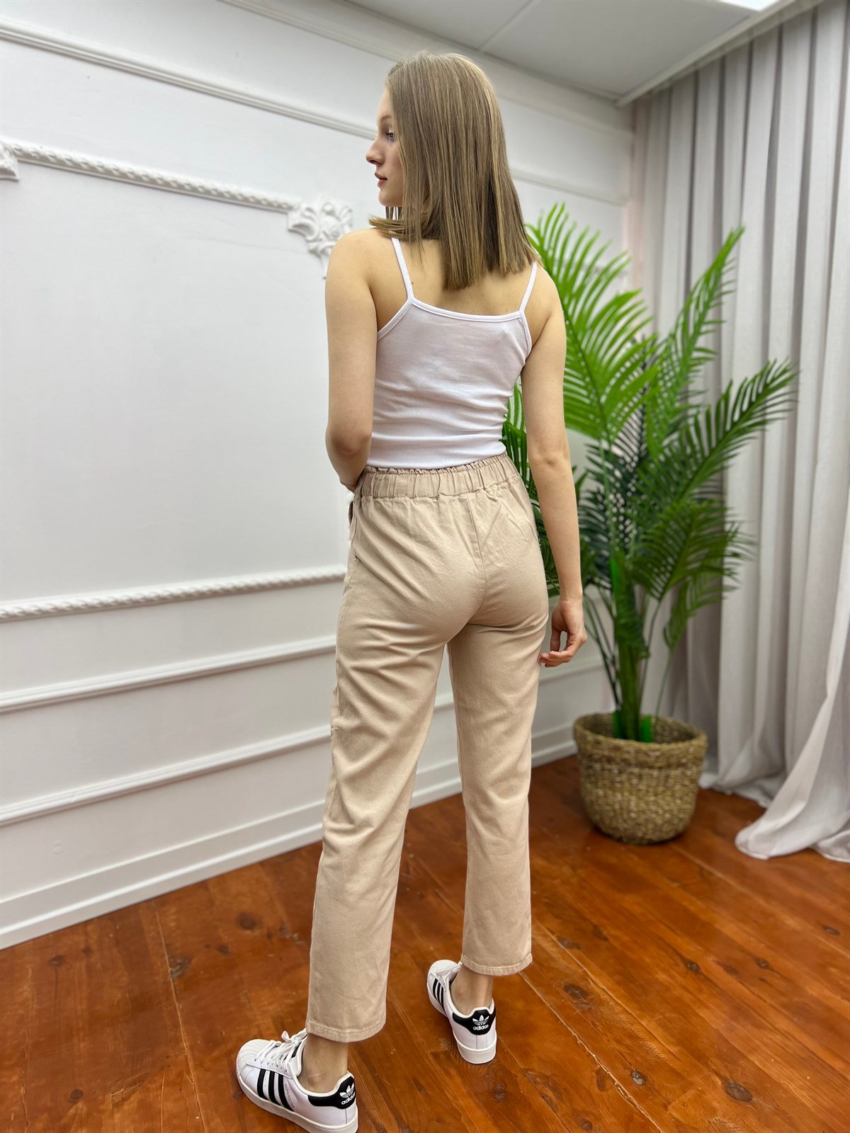 Büyük Beden Beli Lastikli Keten Pantolon Taş