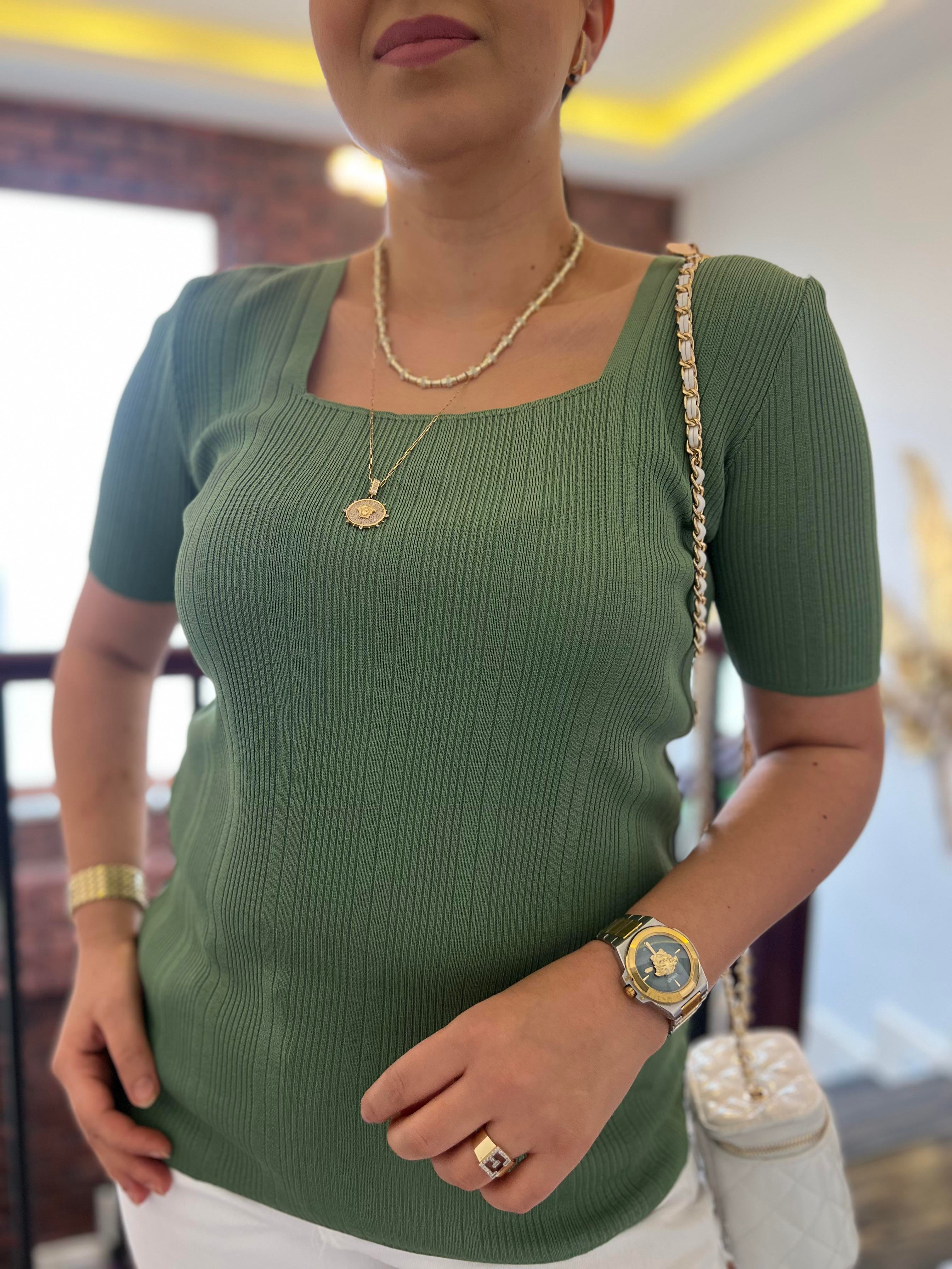 Büyük Beden Fitilli Kare Yaka Yarım Kol Bluz Mint Yeşili