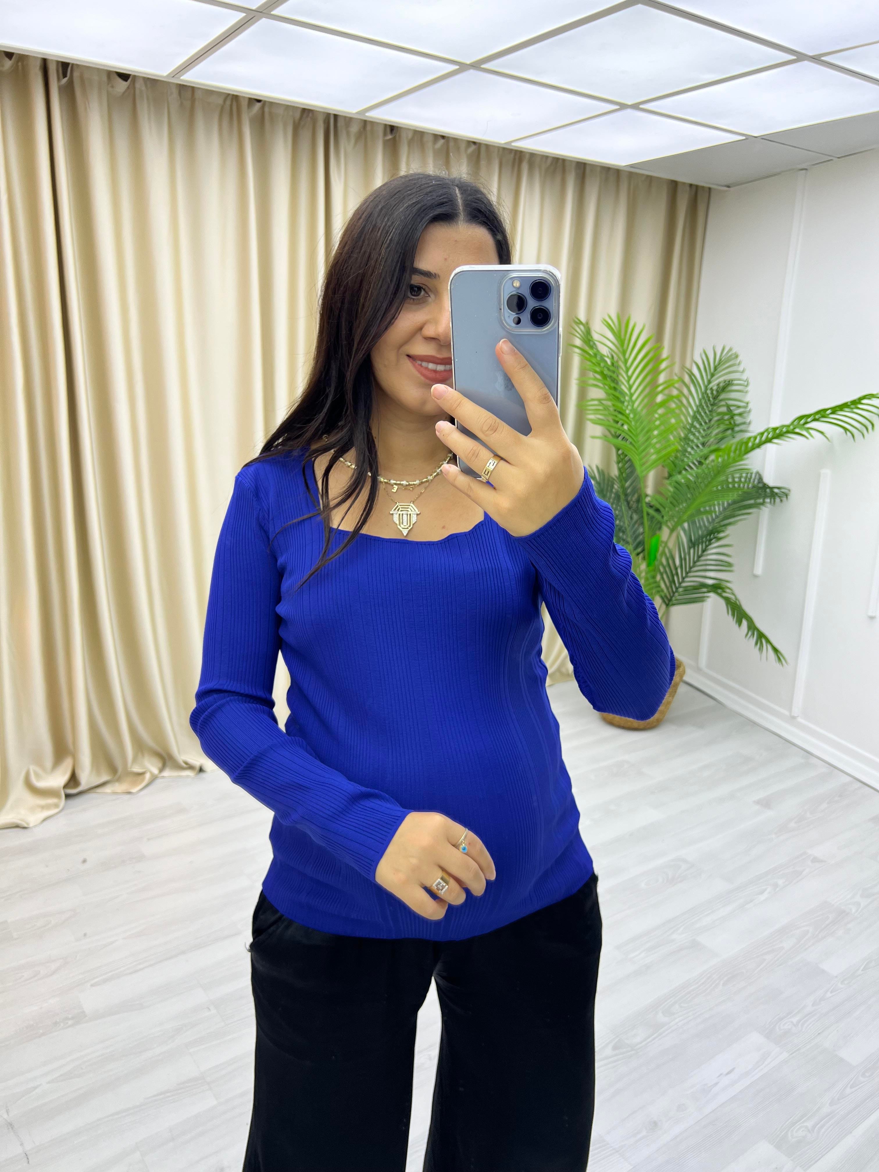 Büyük Beden Kare Yaka Uzun Kol Bluz Lacivert