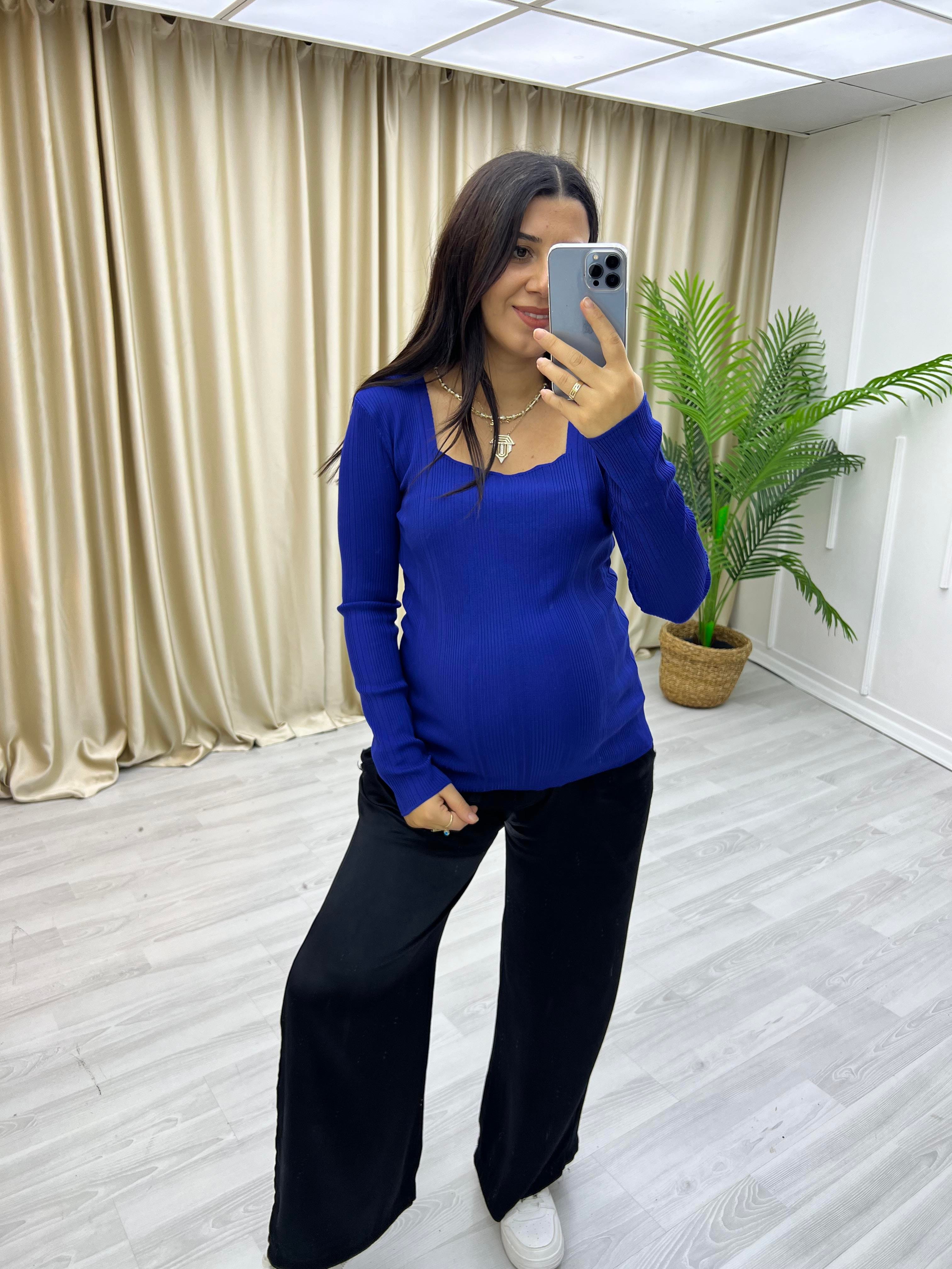 Büyük Beden Kare Yaka Uzun Kol Bluz Lacivert