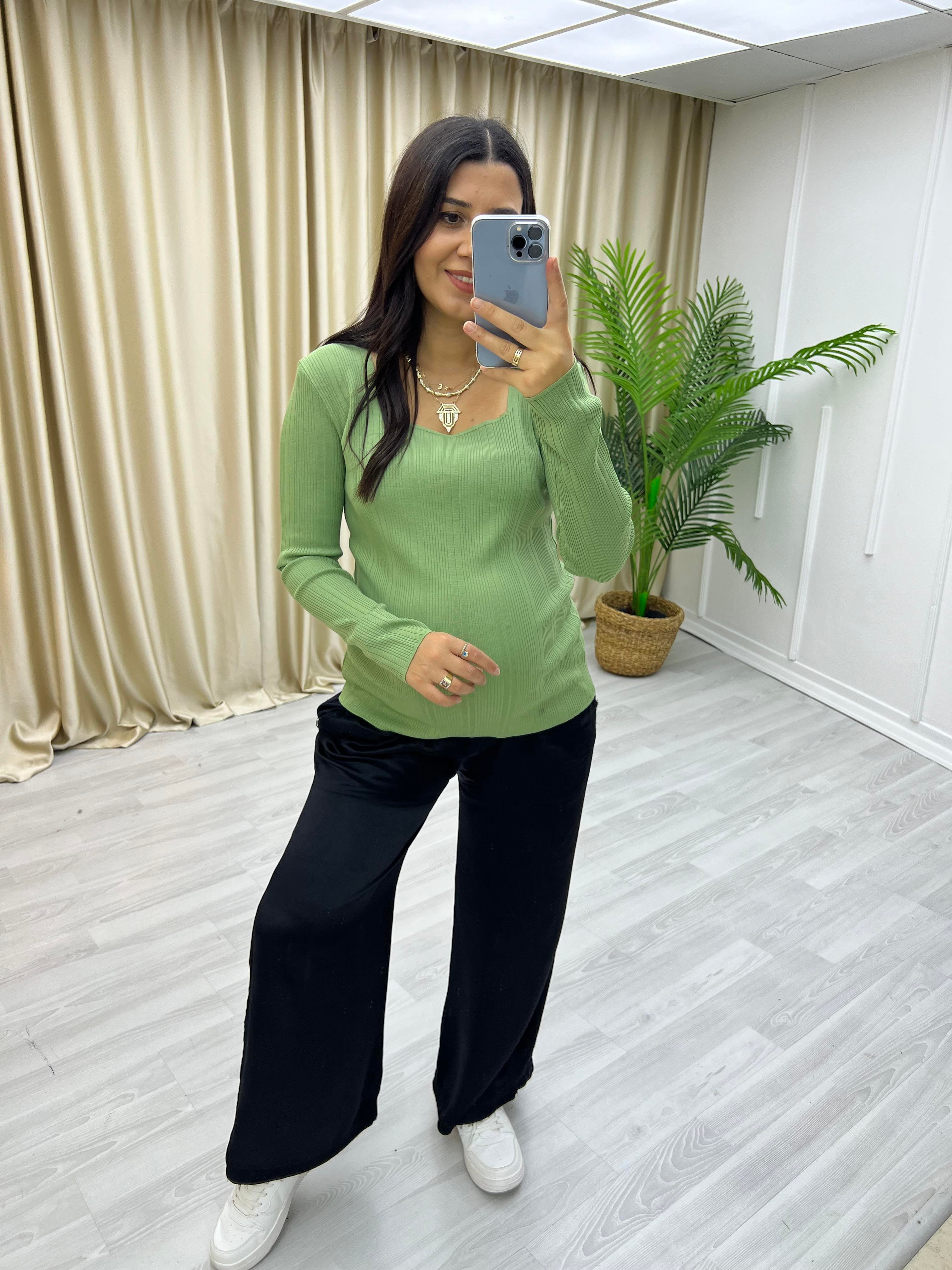 Büyük Beden Kare Yaka Uzun Kol Bluz Mint Yeşili