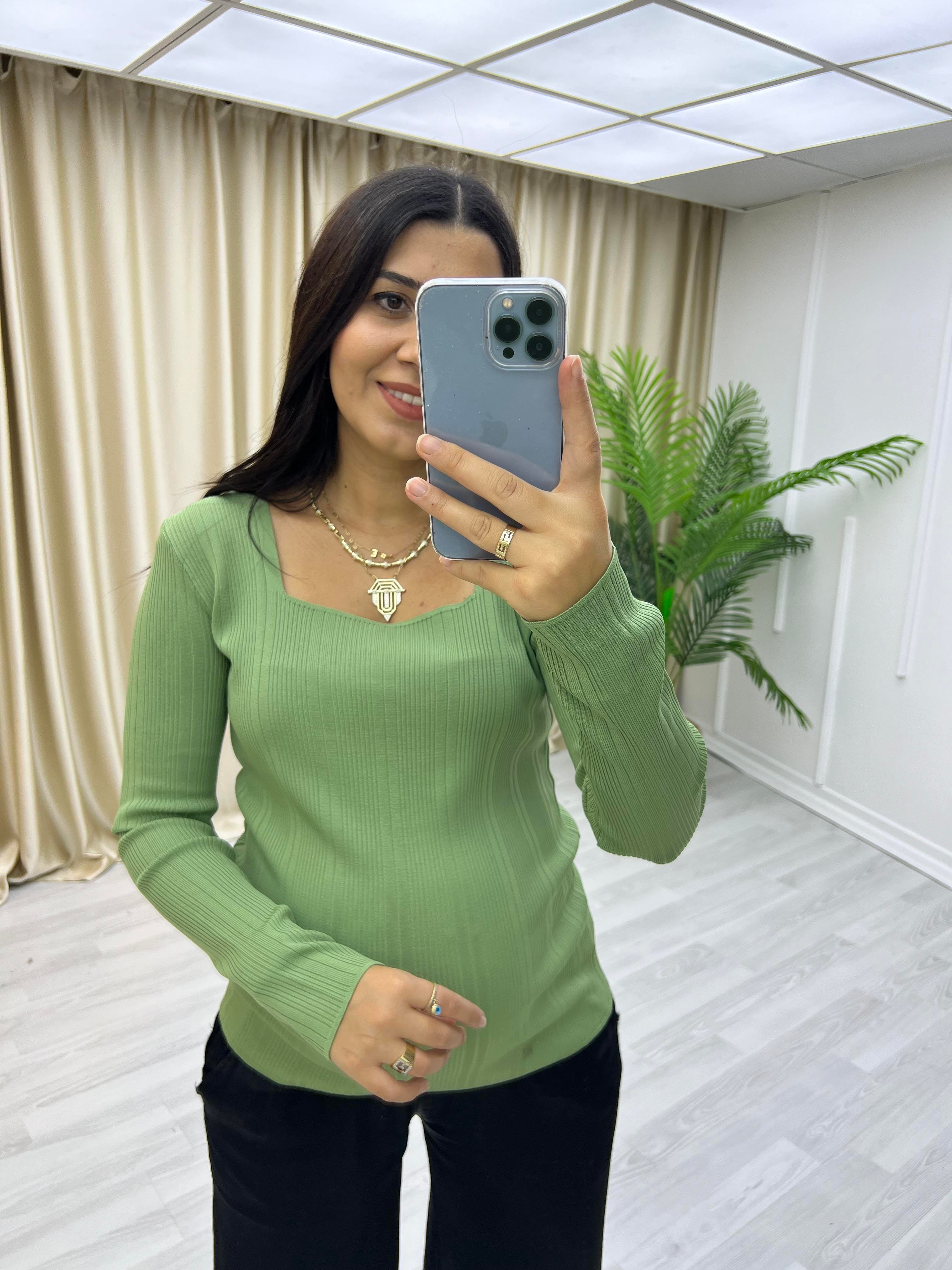 Büyük Beden Kare Yaka Uzun Kol Bluz Mint Yeşili