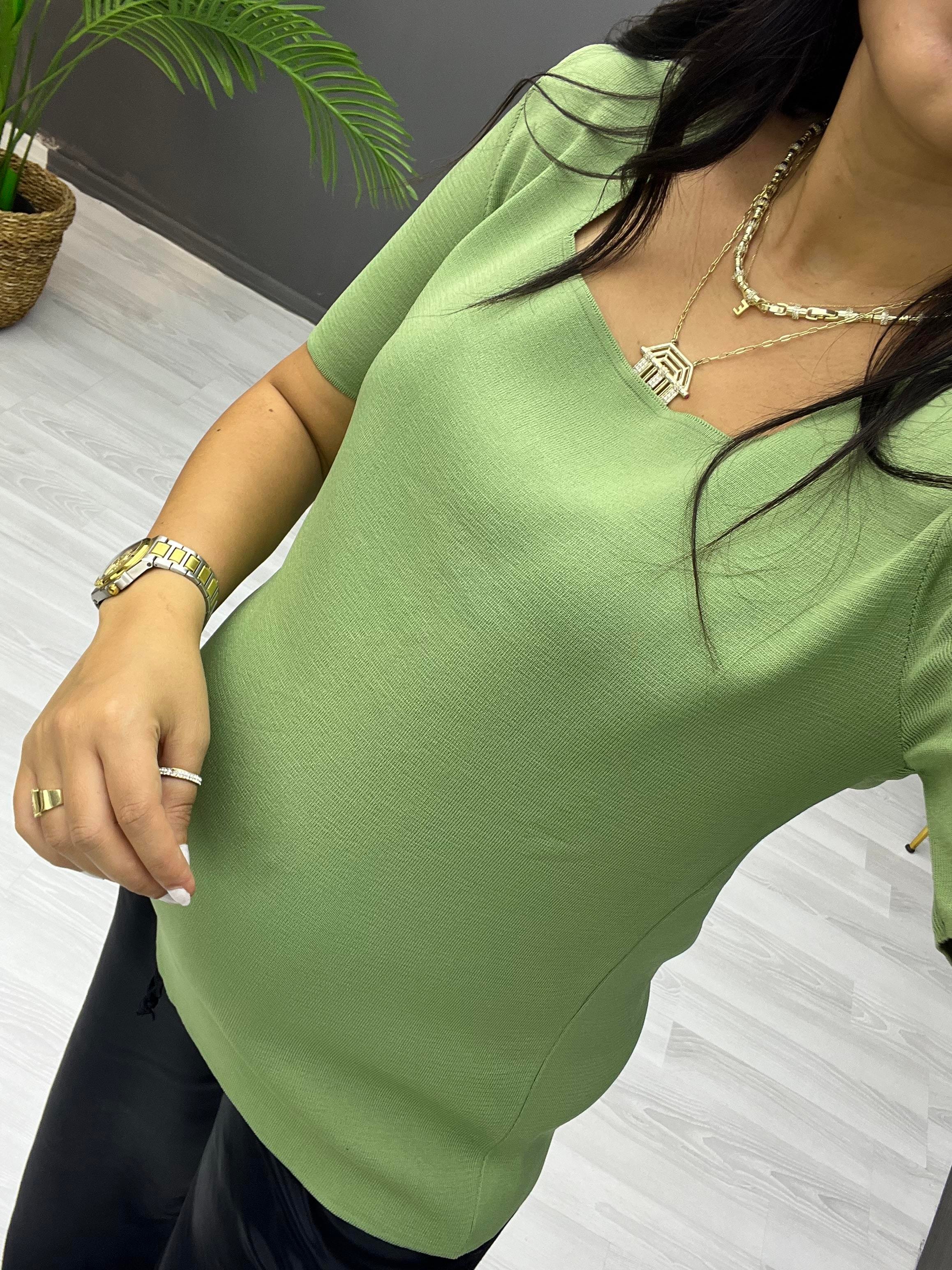 Büyük Beden Kare Yaka Yarım Kol Bluz Mint Yeşili