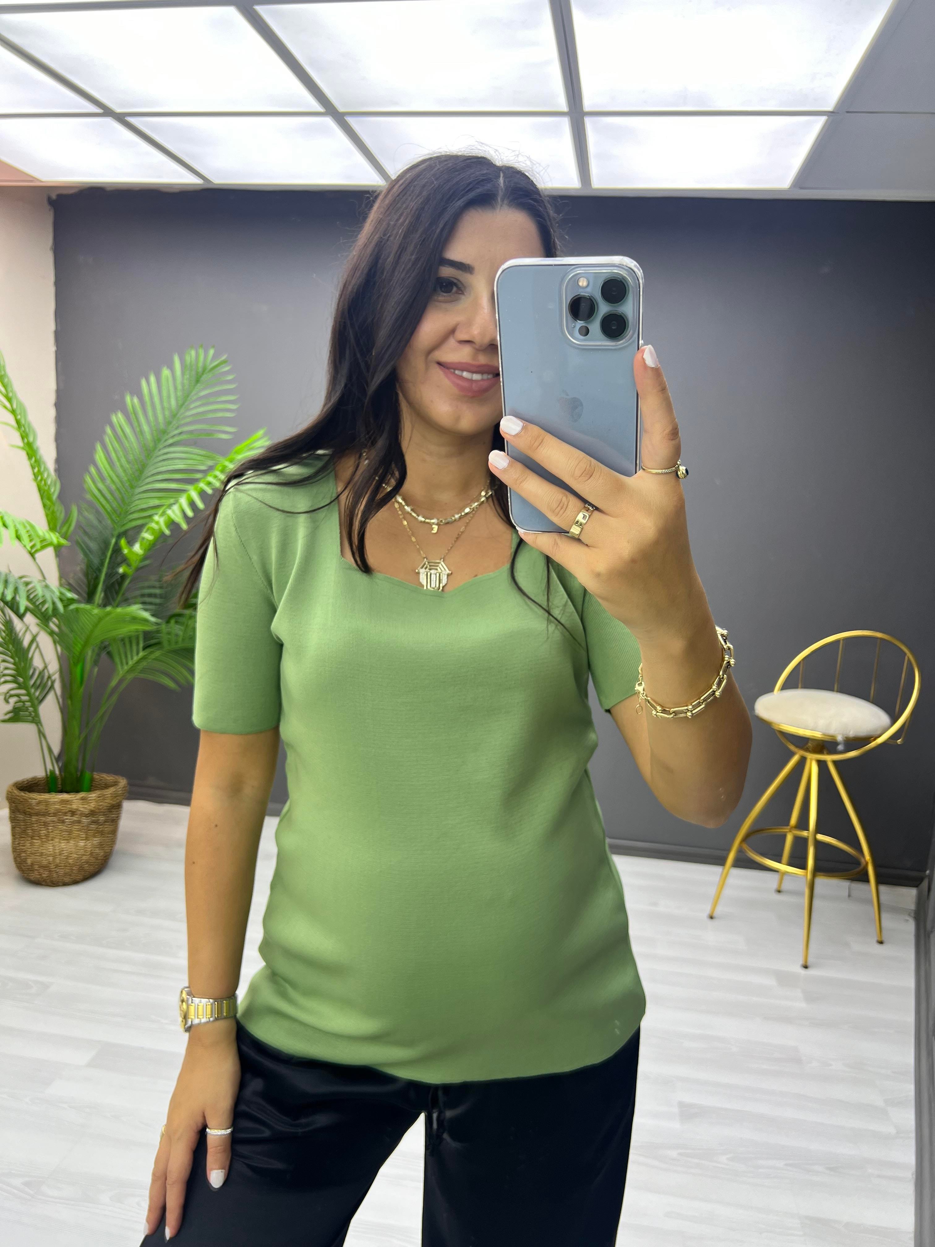 Büyük Beden Kare Yaka Yarım Kol Bluz Mint Yeşili