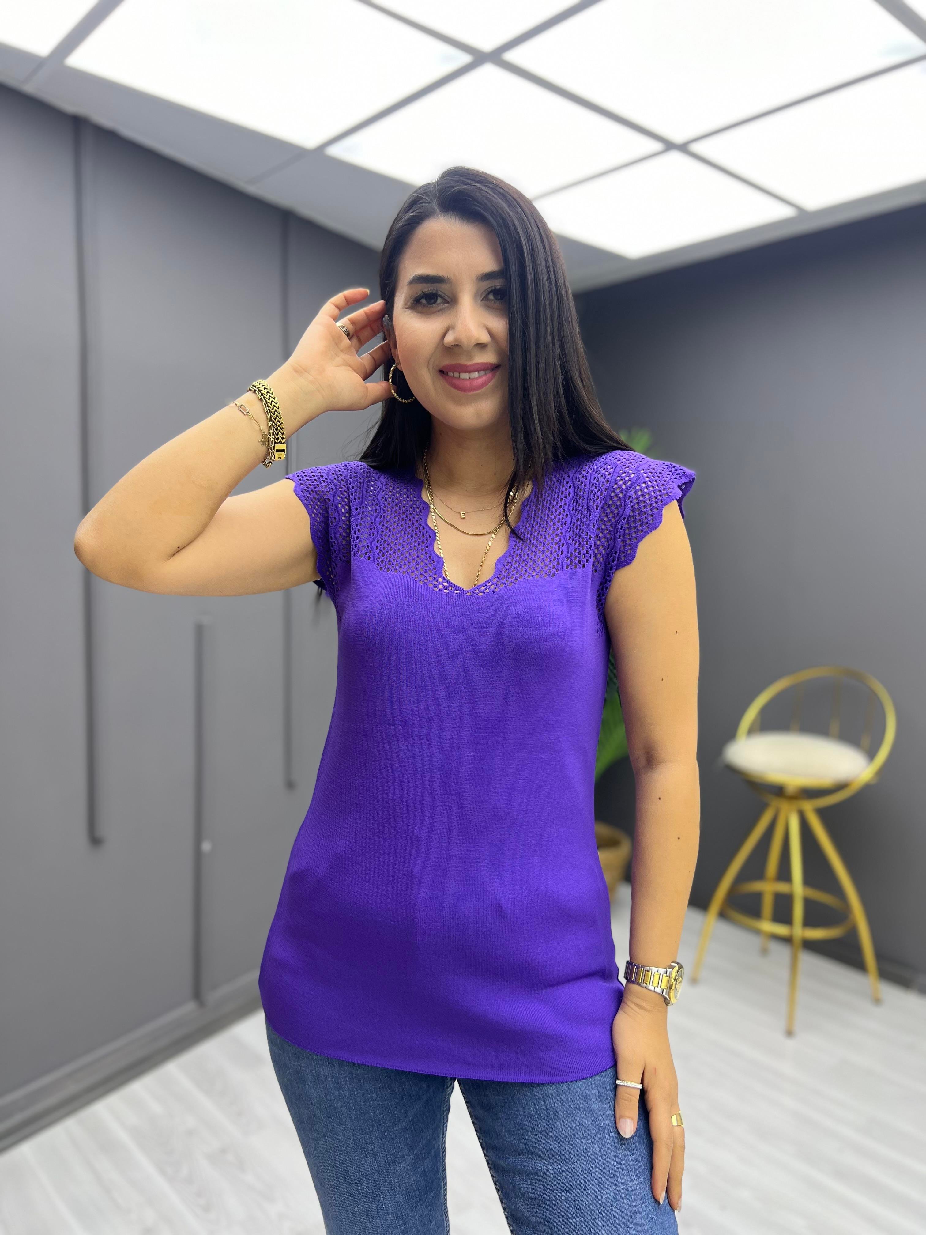 Büyük Beden Omzu Ajurlu Bluz Mor