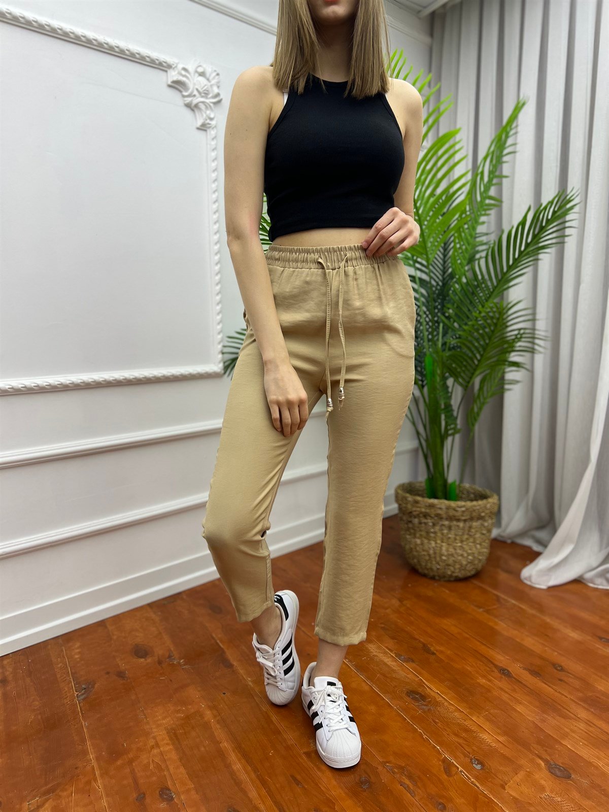 Büyük Beden Tensel Beli Lastikli Pantolon Camel